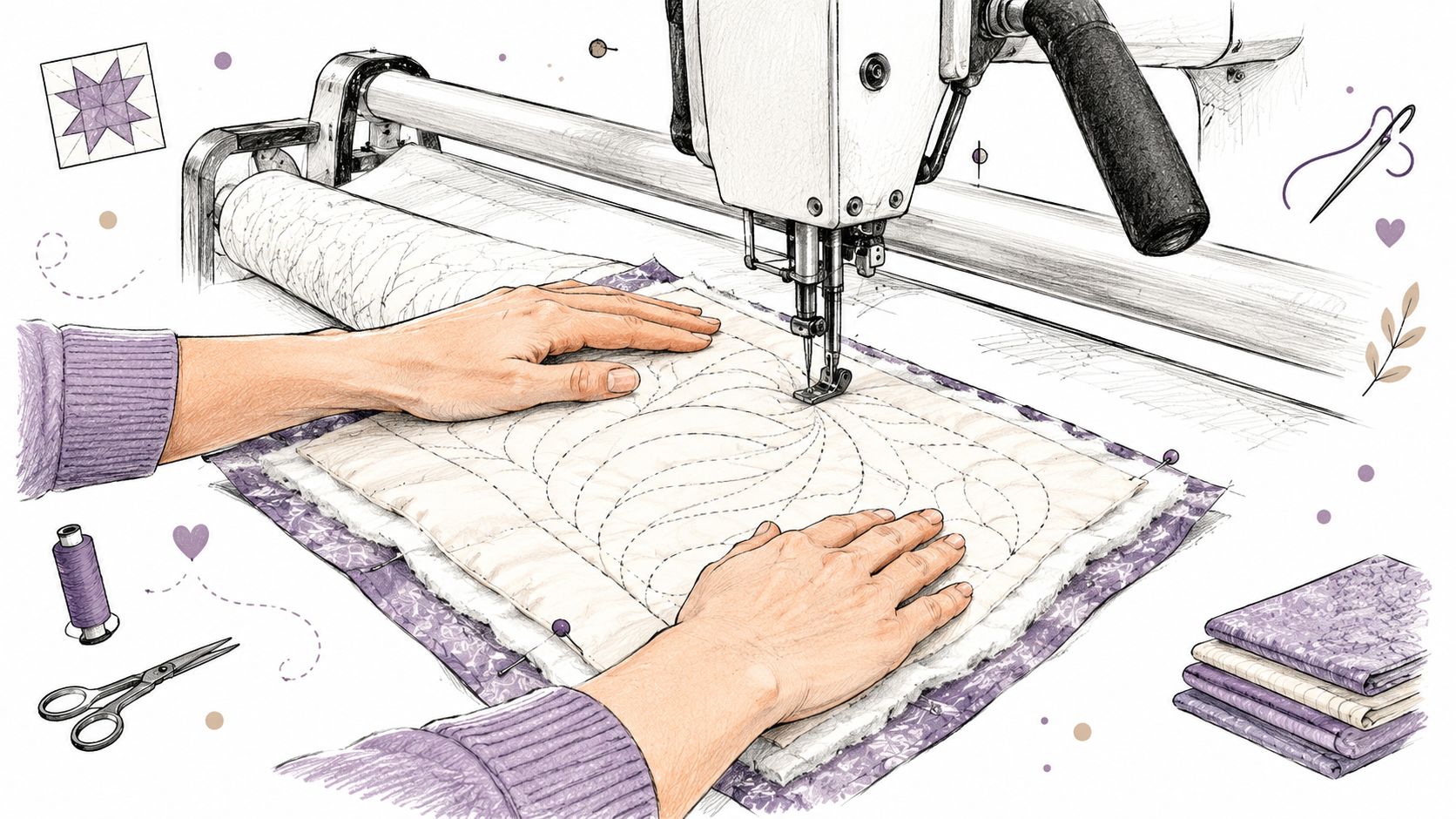 A close-up illustration of hands using a long arm quilting machine to stitch fabric quilt patterns.