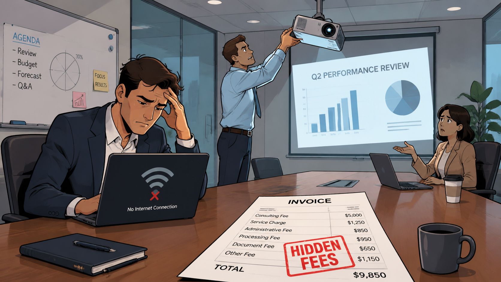 Stressed colleagues in a boardroom dealing with technical issues and unexpected hidden charges on an invoice document.