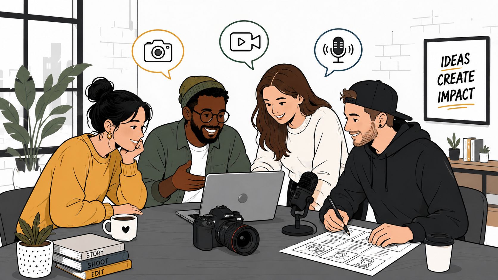 A diverse team of four creative professionals collaborating on a multimedia project around a desk.