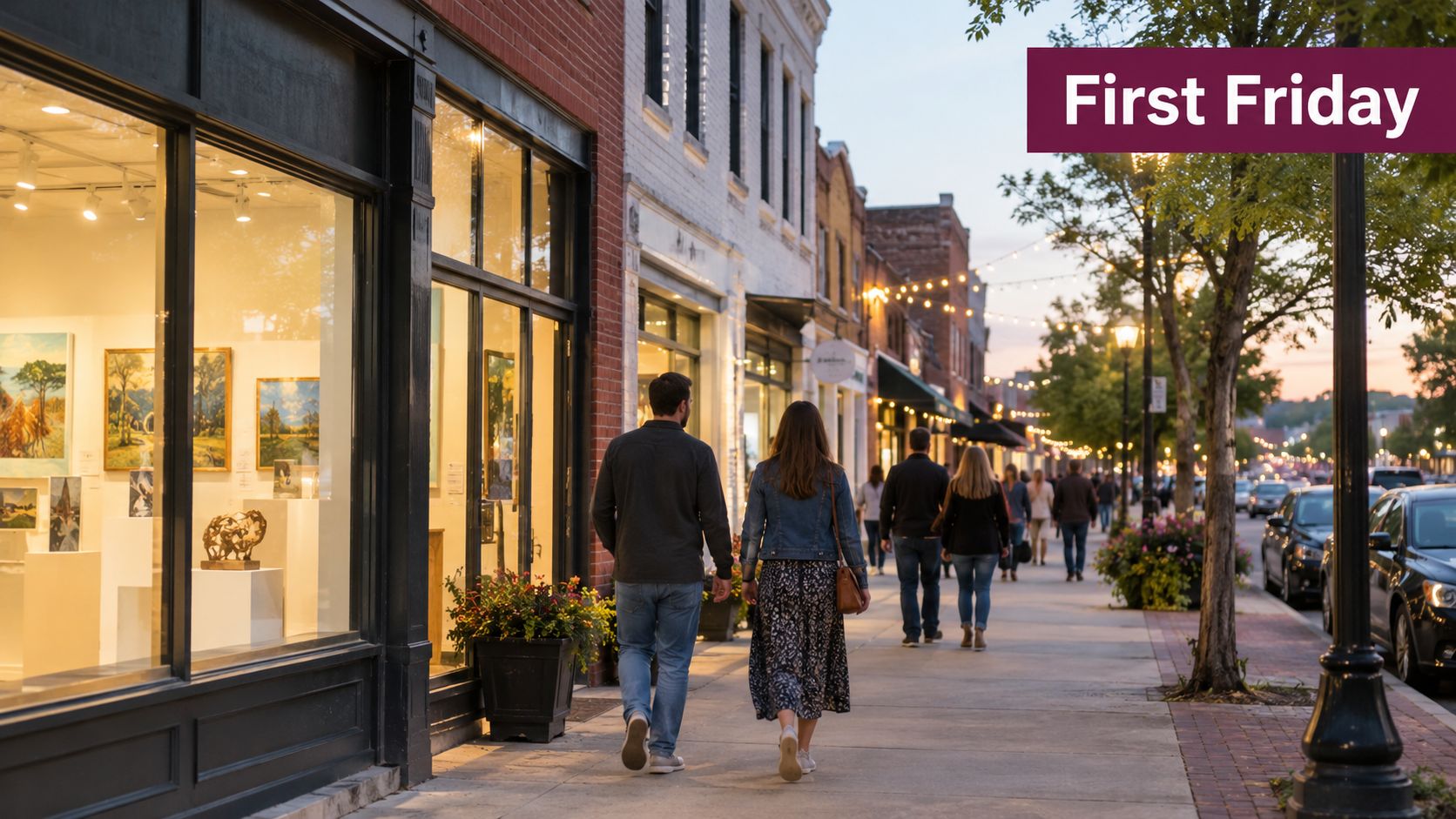 A couple walks down a vibrant downtown sidewalk during an evening First Friday community art celebration event.
