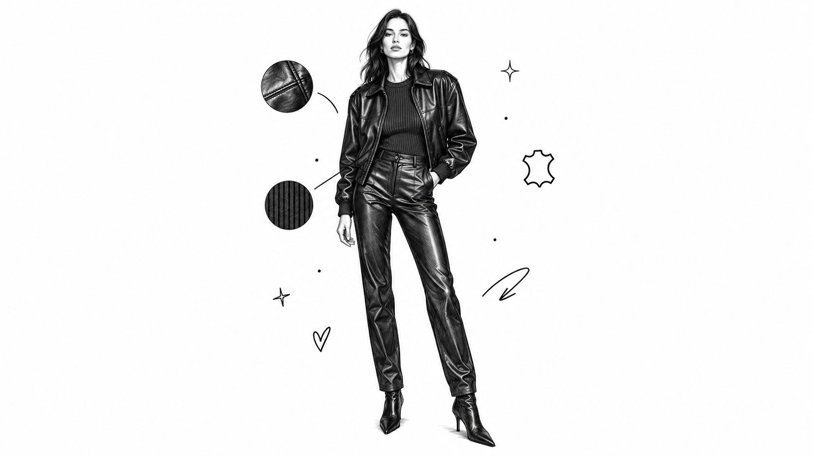 A black and white fashion illustration of a woman wearing a leather bomber jacket and matching trousers.