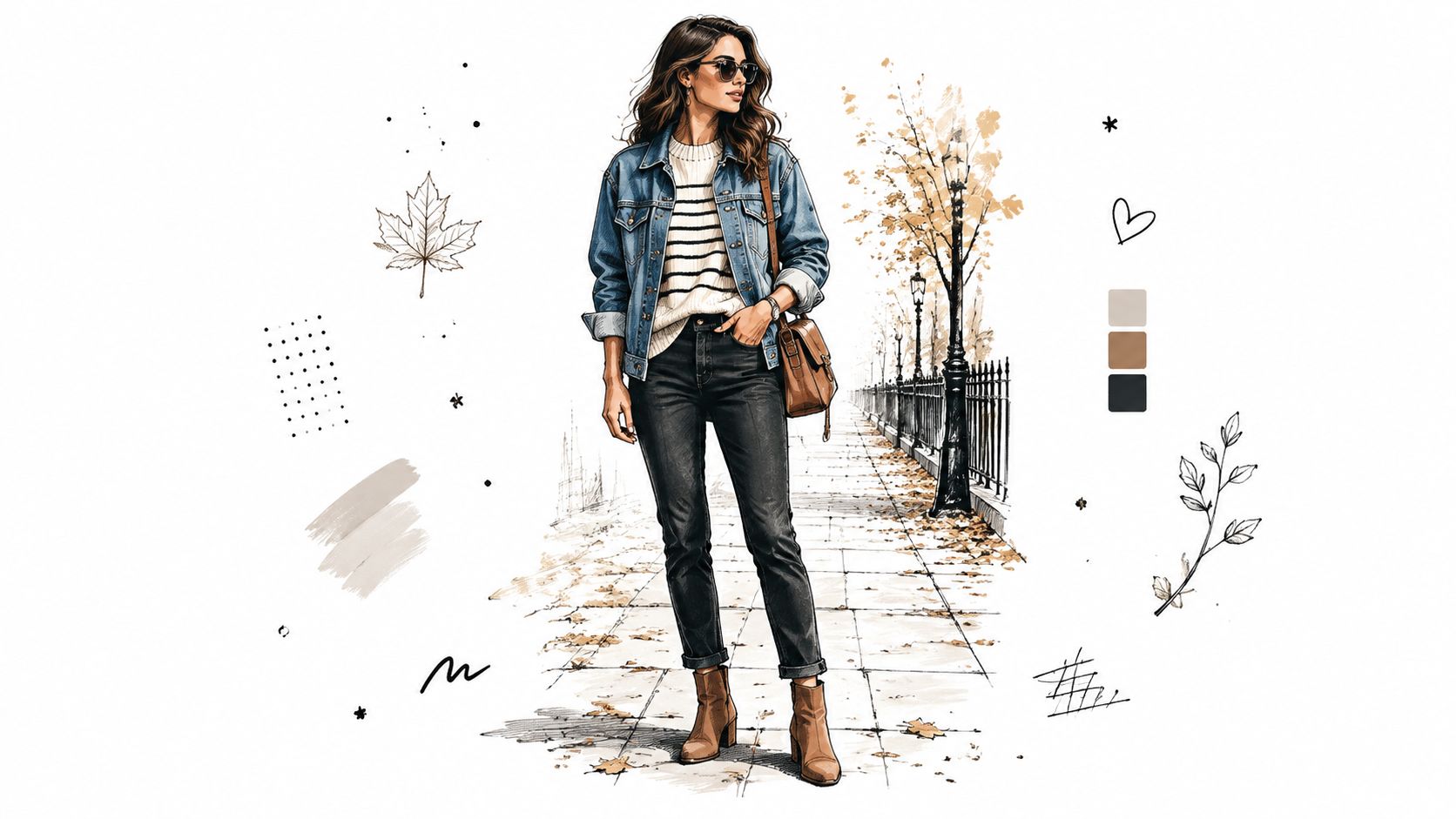 A stylish woman wearing a denim jacket and striped sweater walks along a sidewalk in autumn.