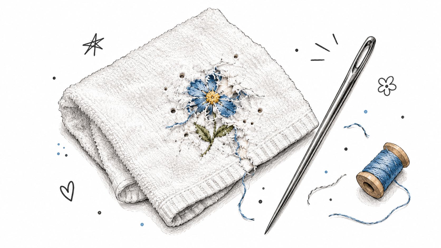 A detailed illustration of an embroidered flower on a white towel with a needle and thread.