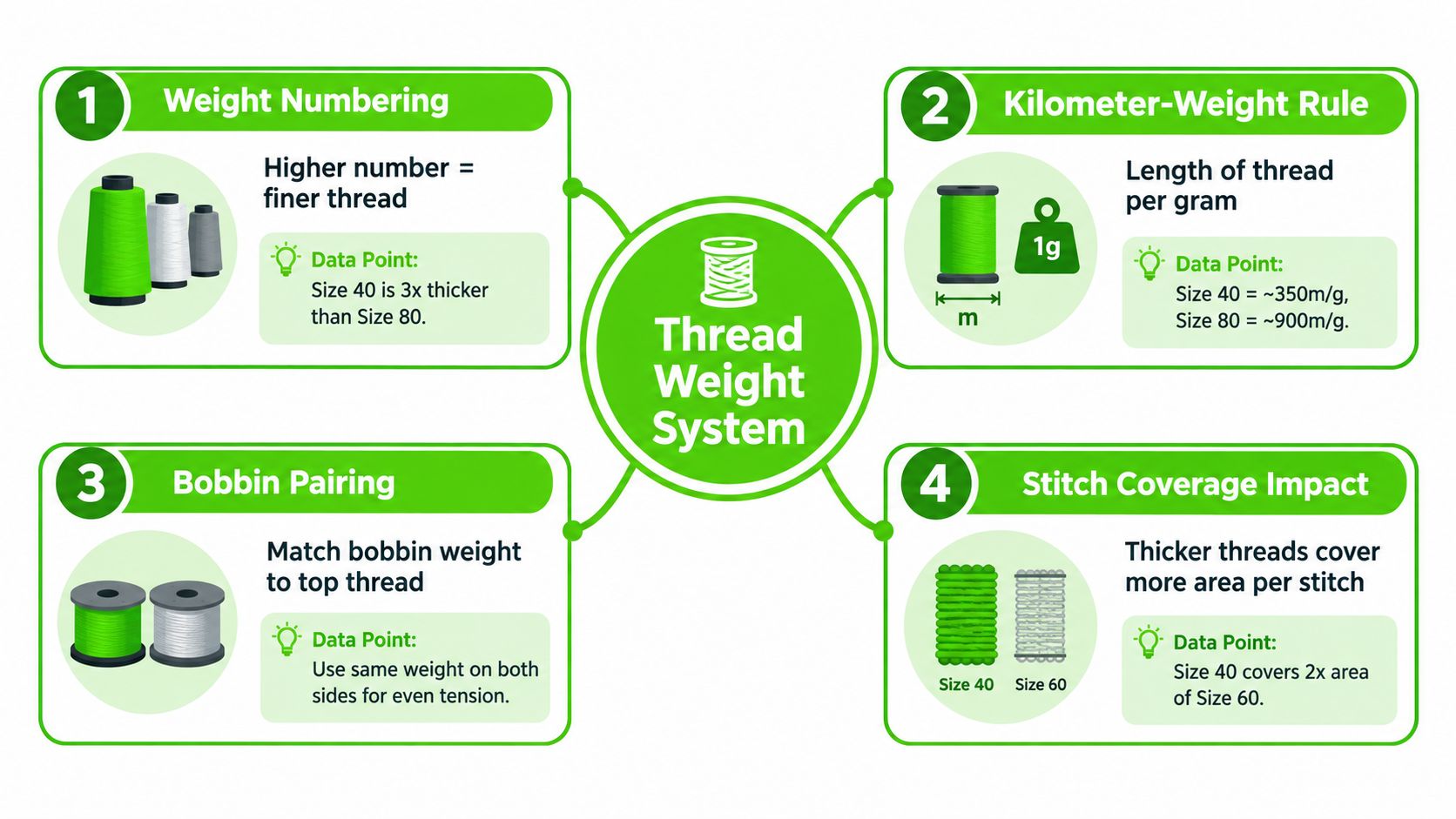 An infographic explaining the thread weight system for sewing, showing weight numbering, kilometer-weight rule, bobbin pairing, and stitch coverage.