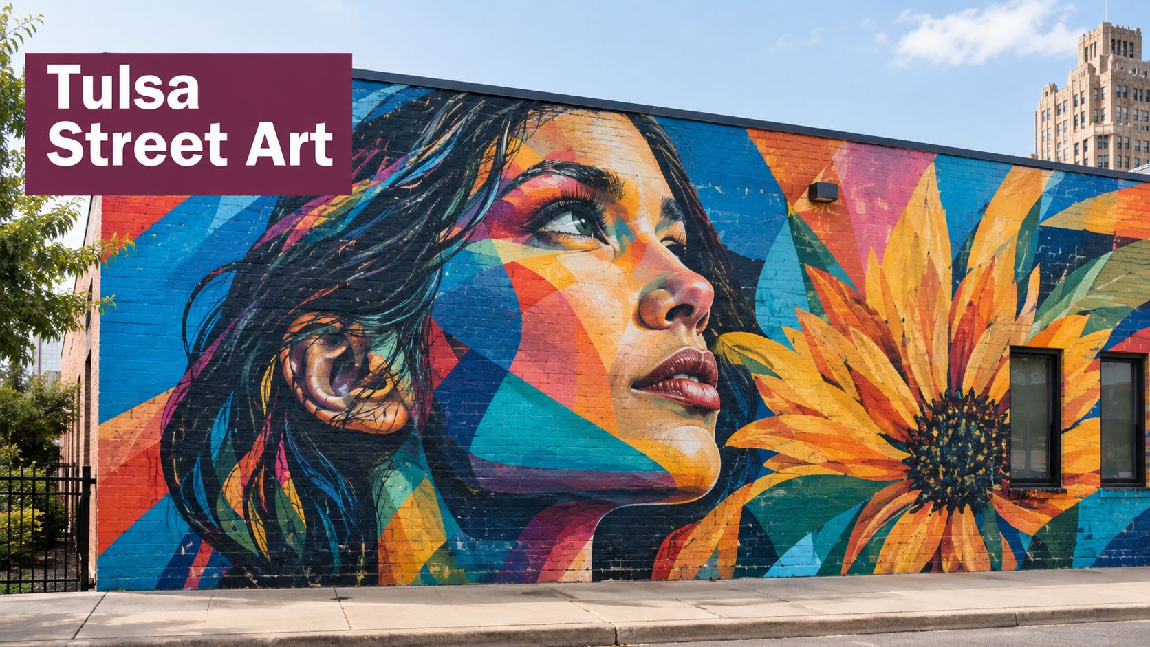 A colorful mural of a woman's face combined with a large sunflower on a brick wall.