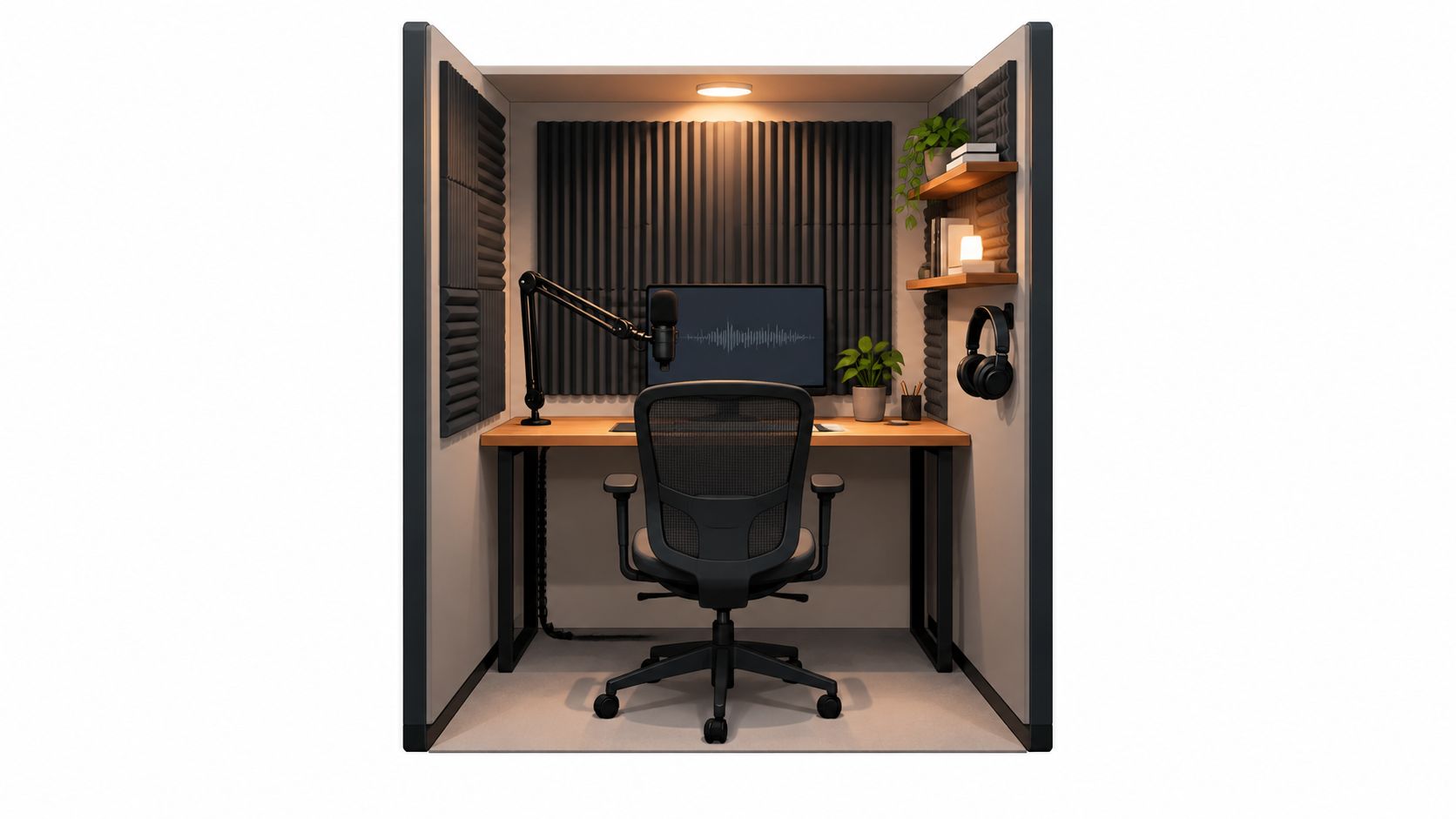 A modern soundproof home recording booth featuring a computer desk, studio microphone, and ergonomic office chair.