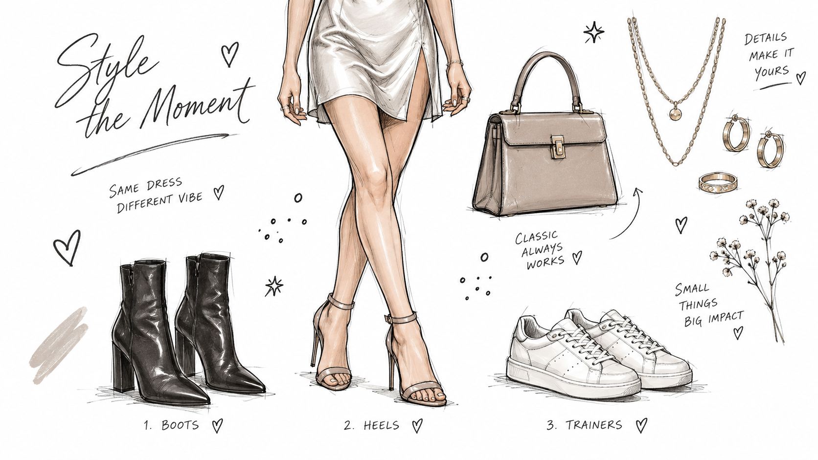 A fashion illustration showing a slip dress styled three different ways with boots, heels, and white sneakers.