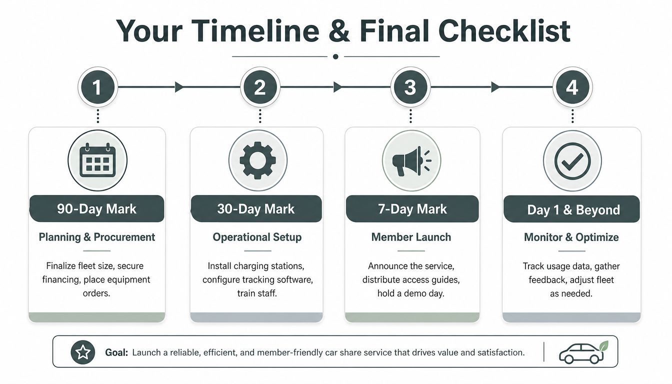 A four-step timeline checklist for launching a car share service, from planning to daily optimization.