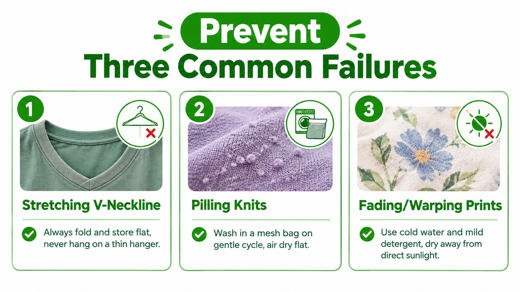 A helpful infographic illustrating three common clothing care failures: preventing V-neck stretching, sweater pilling, and print fading.