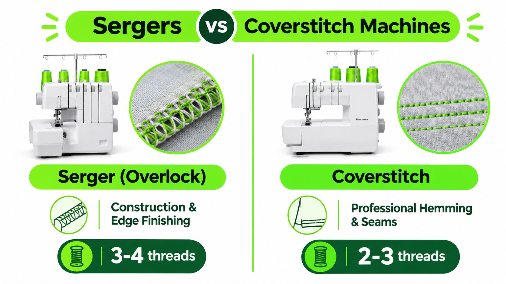 A comparison graphic showing a serger for edge finishing versus a coverstitch machine for professional hemming.