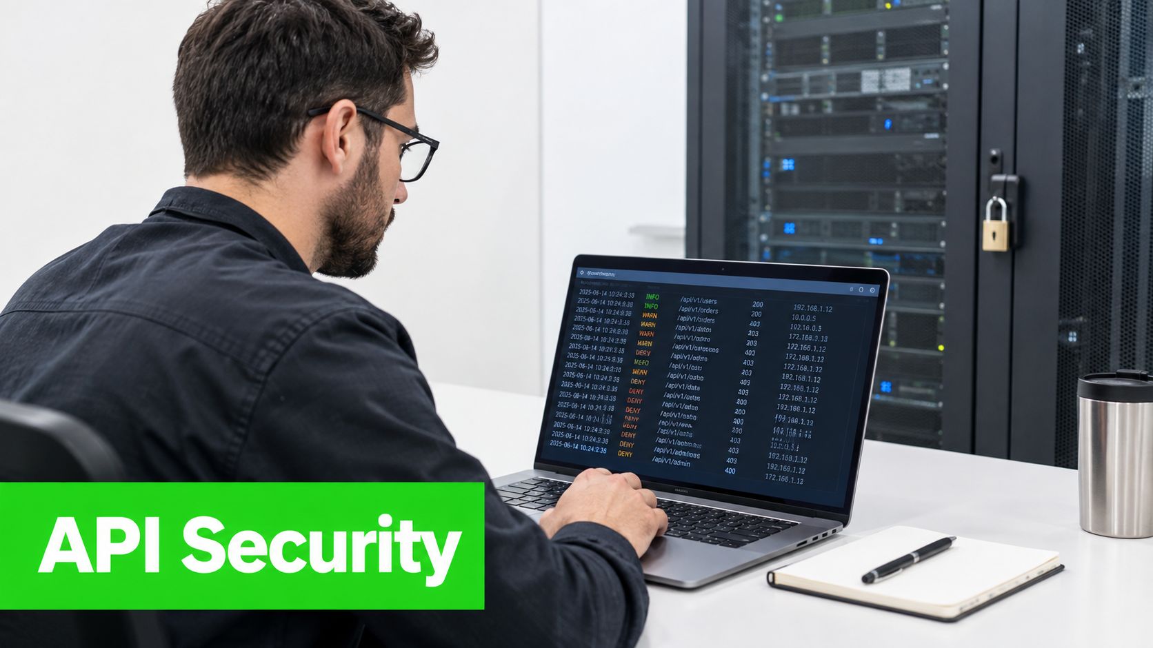 A professional analyzing API security logs on a laptop screen in a server room environment.