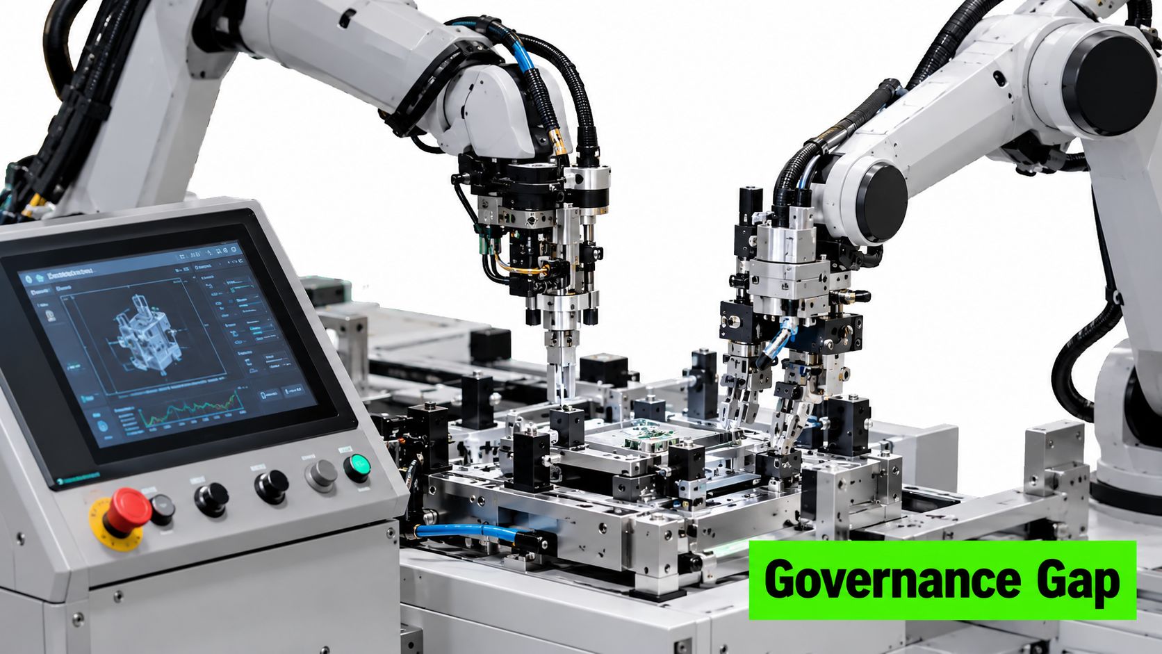 Automated industrial robotic arms working on a high-precision manufacturing assembly line with digital control panel interface.