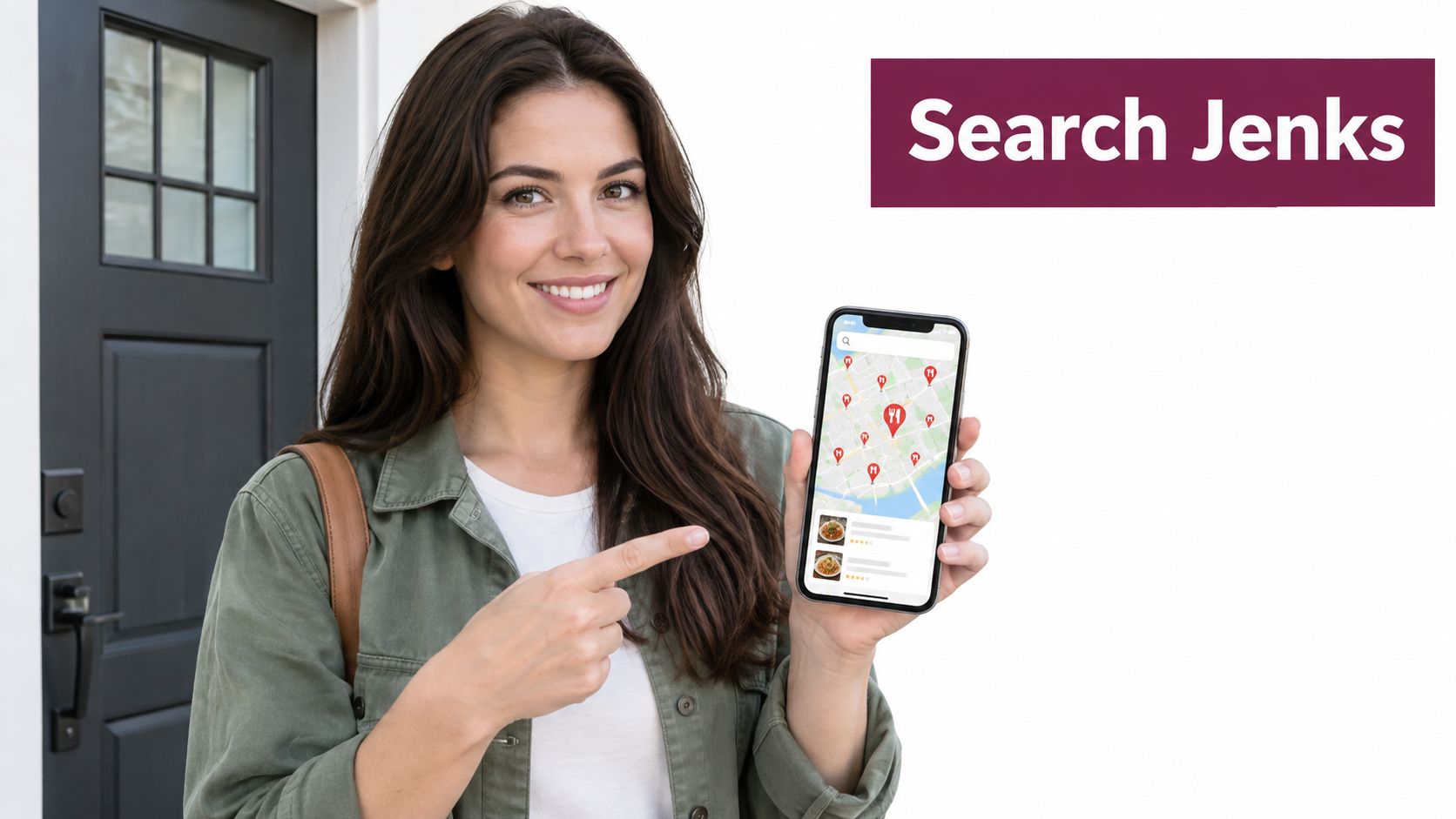 A smiling woman pointing at a smartphone displaying a restaurant location map app on the screen.