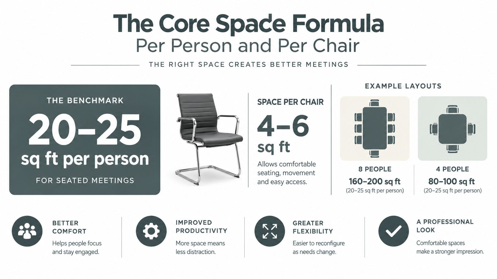 An infographic titled The Core Space Formula showing recommended square footage for meeting rooms and seating.