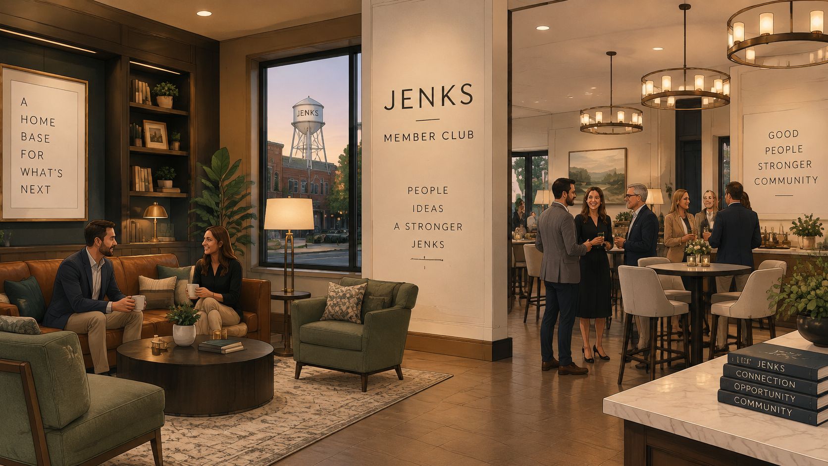 Professionals networking and socializing in a sophisticated modern member club lounge with warm lighting and comfortable furniture.