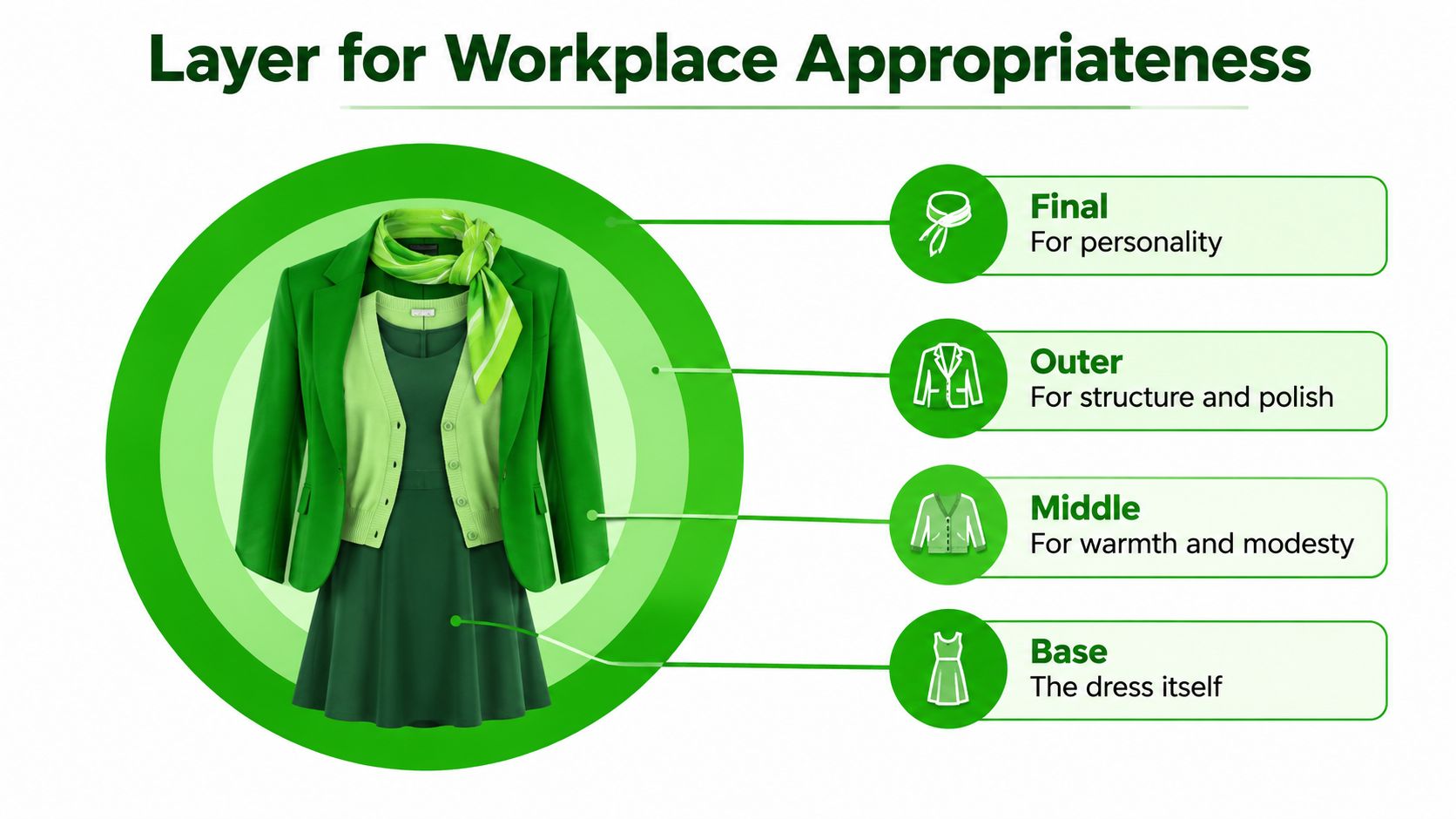 A diagram illustrating layering techniques for a professional workplace appropriate dress, shown in shades of green.