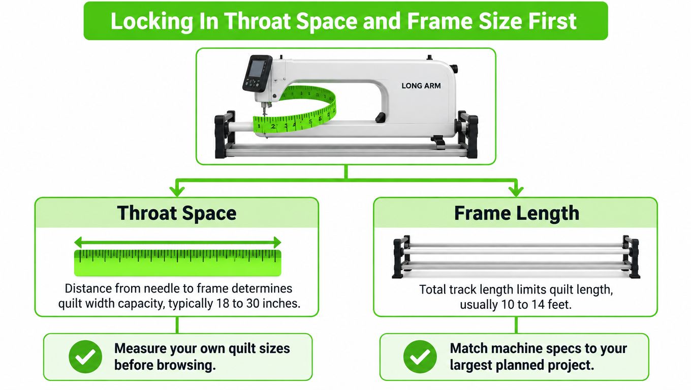 A diagram explaining how to select the right long arm quilting machine based on throat space and frame.