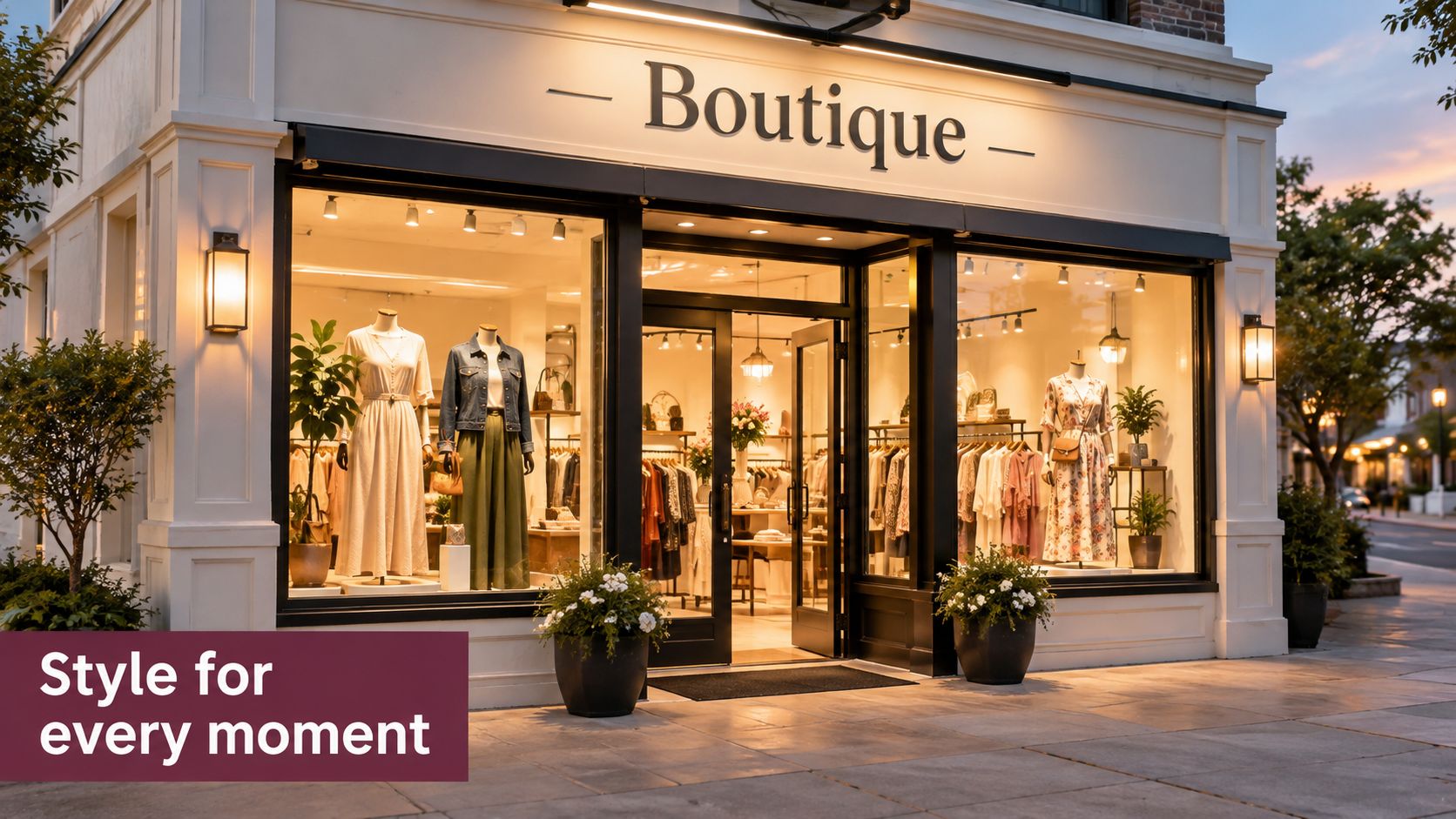 An inviting storefront of a brightly lit boutique featuring elegant mannequin displays and lush potted plants outside.