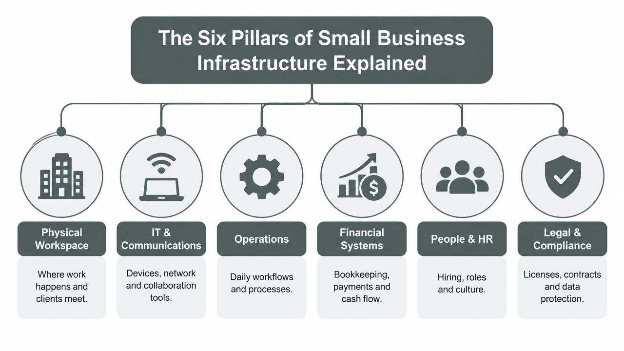 A diagram outlining the six core pillars of small business infrastructure, including operations, finance, and human resources.