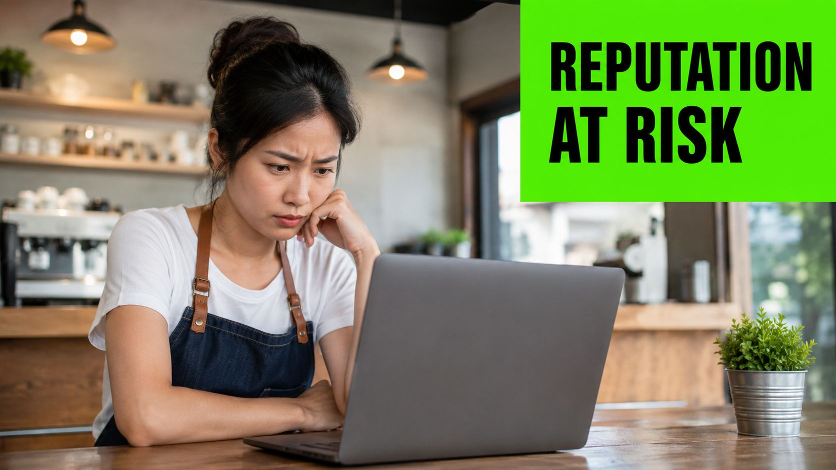A concerned cafe owner looking at her laptop screen with a green reputation at risk overlay.