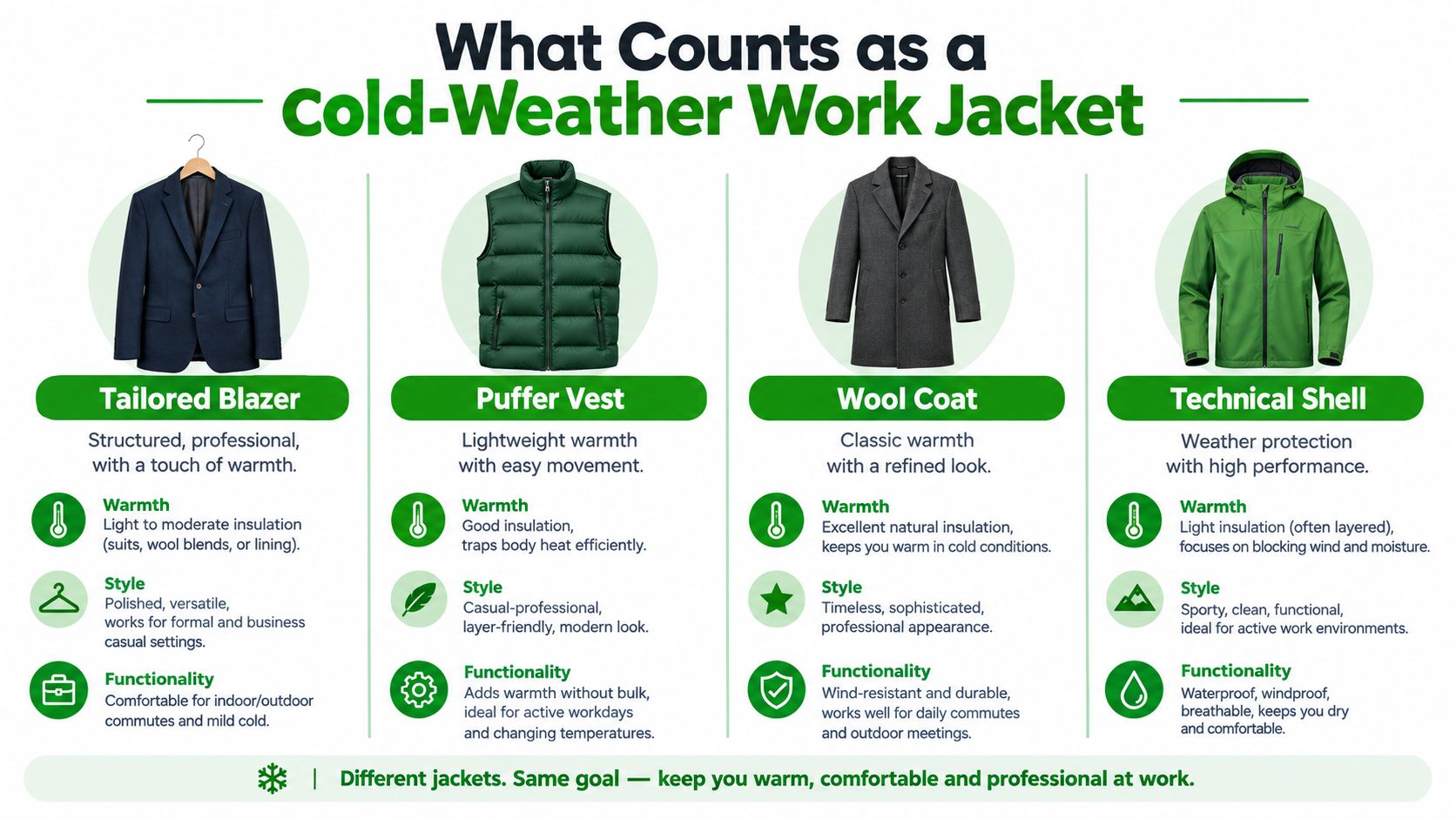 A guide illustrating four types of cold-weather work jackets including blazers, vests, coats, and shells.