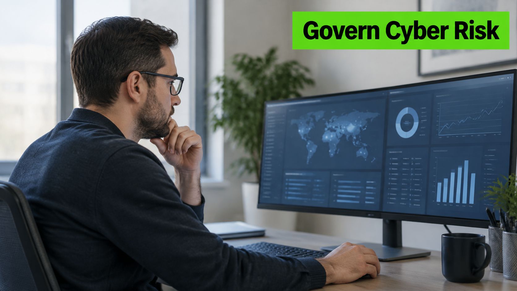 A professional man with glasses observing a digital cyber security dashboard on his computer screen in an office.