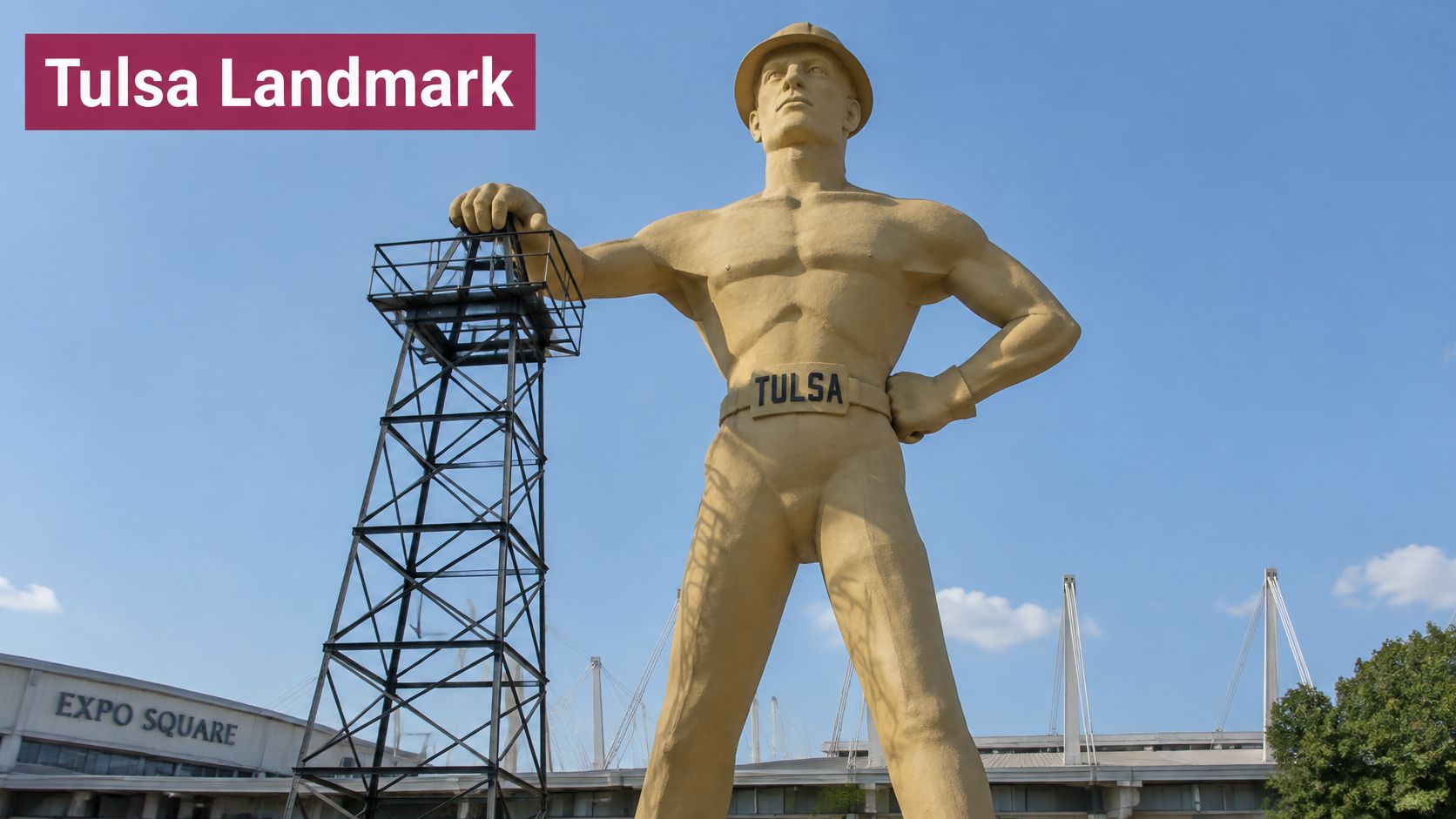 The Golden Driller, a massive statue of an oil worker standing next to an oil derrick.