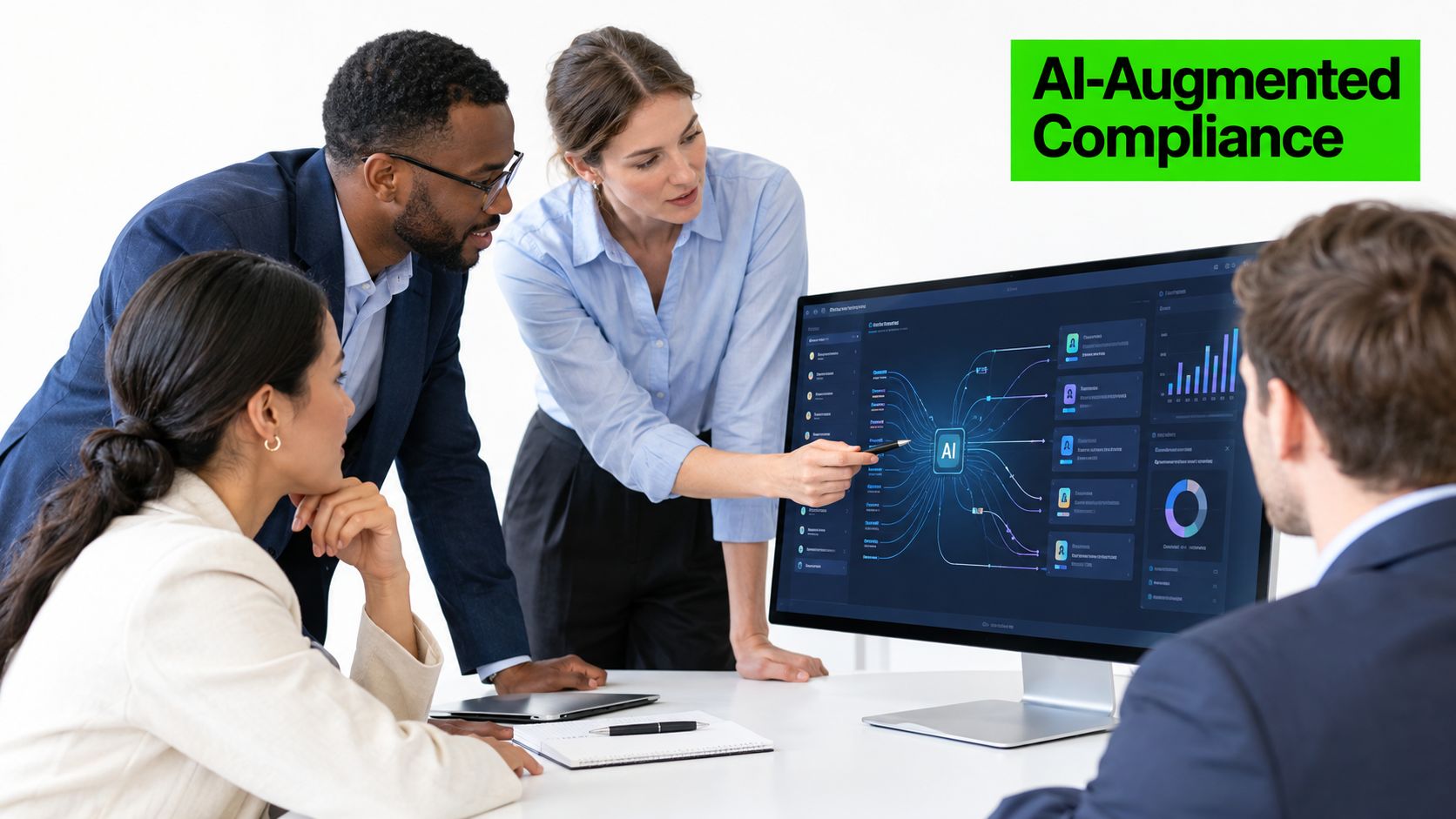 A diverse business team collaborating on AI-driven compliance strategies using a dashboard monitor in an office.