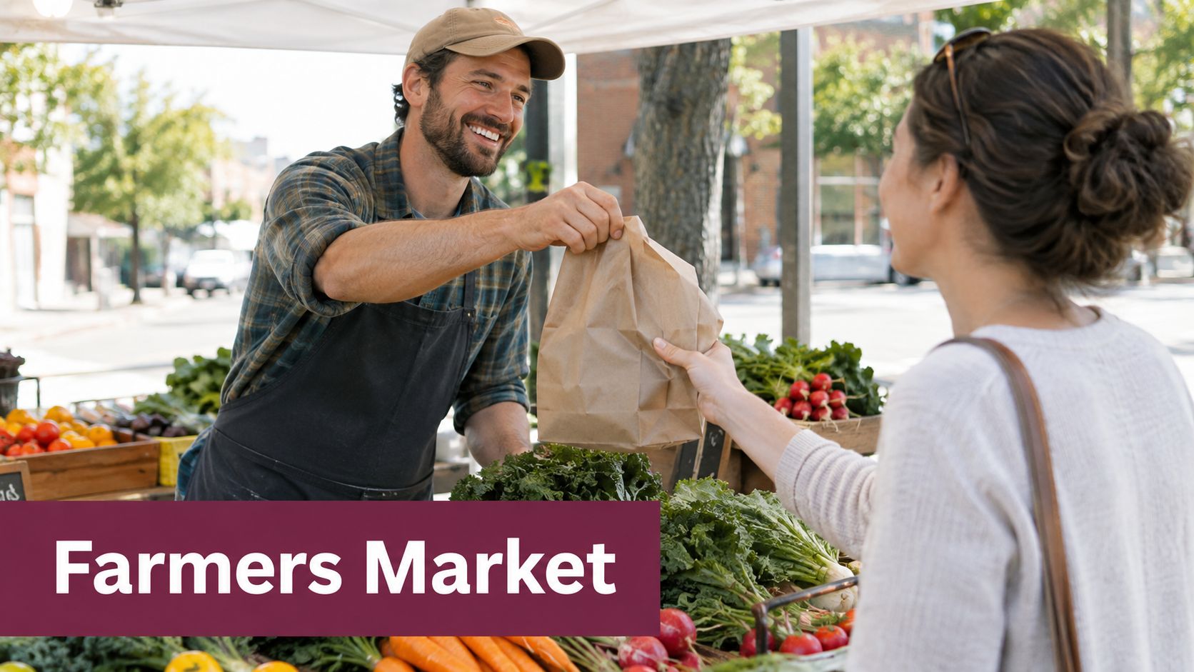 A friendly vendor at a farmers market hands a paper bag of fresh produce to a customer.