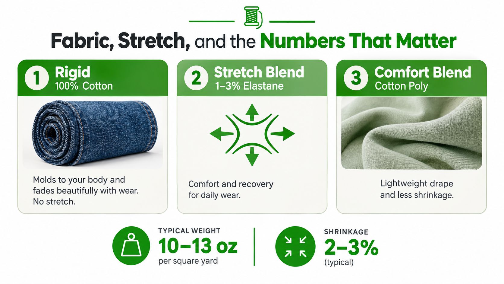 An infographic showing three types of denim fabric: Rigid 100% cotton, stretch blend, and comfort blend.