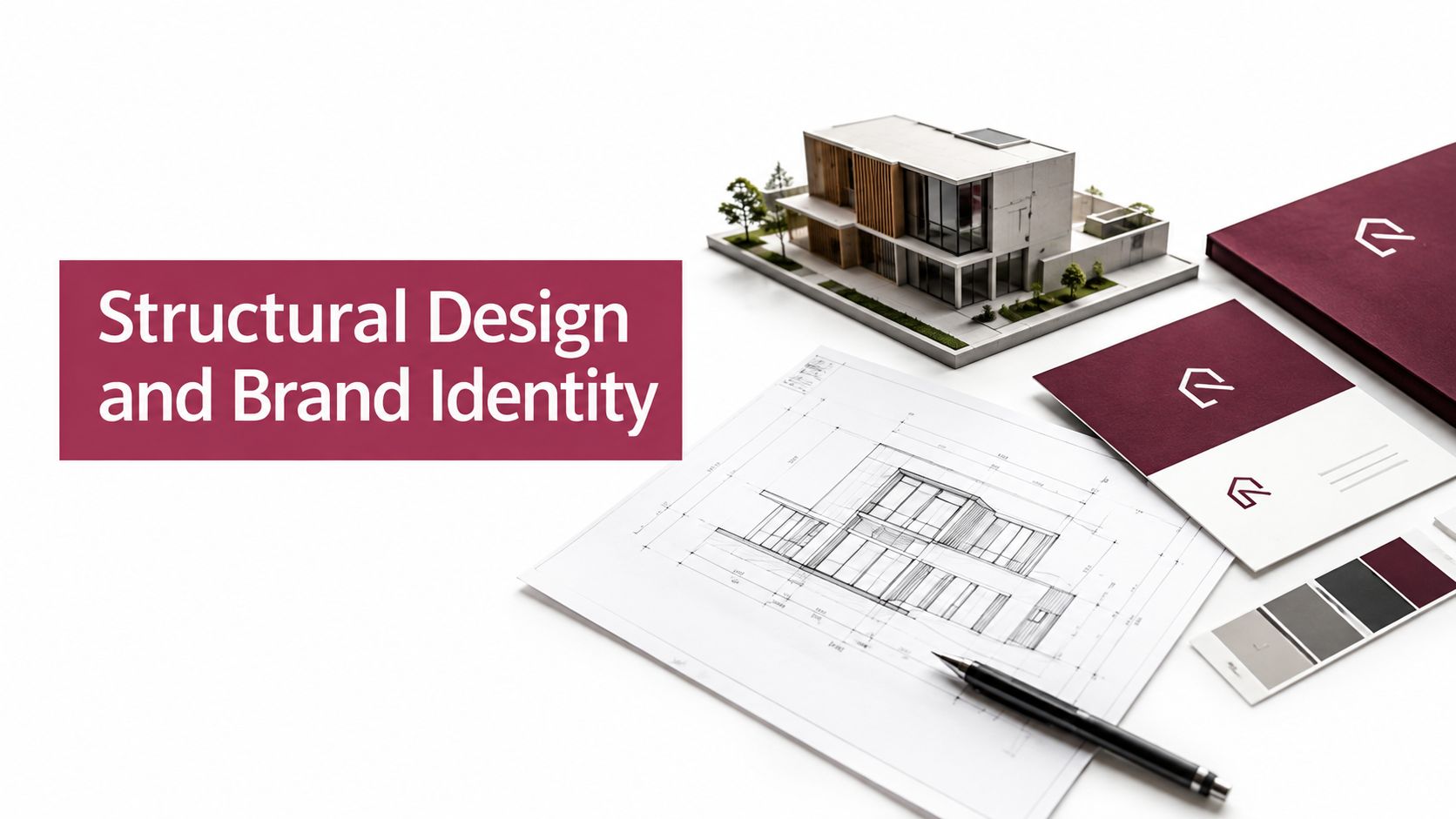 A modern architectural model next to blueprints, branding stationery, and a color palette on a white surface.