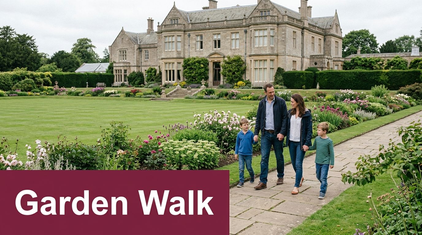A happy family walks along a stone path in the lush, beautiful garden of a grand estate.