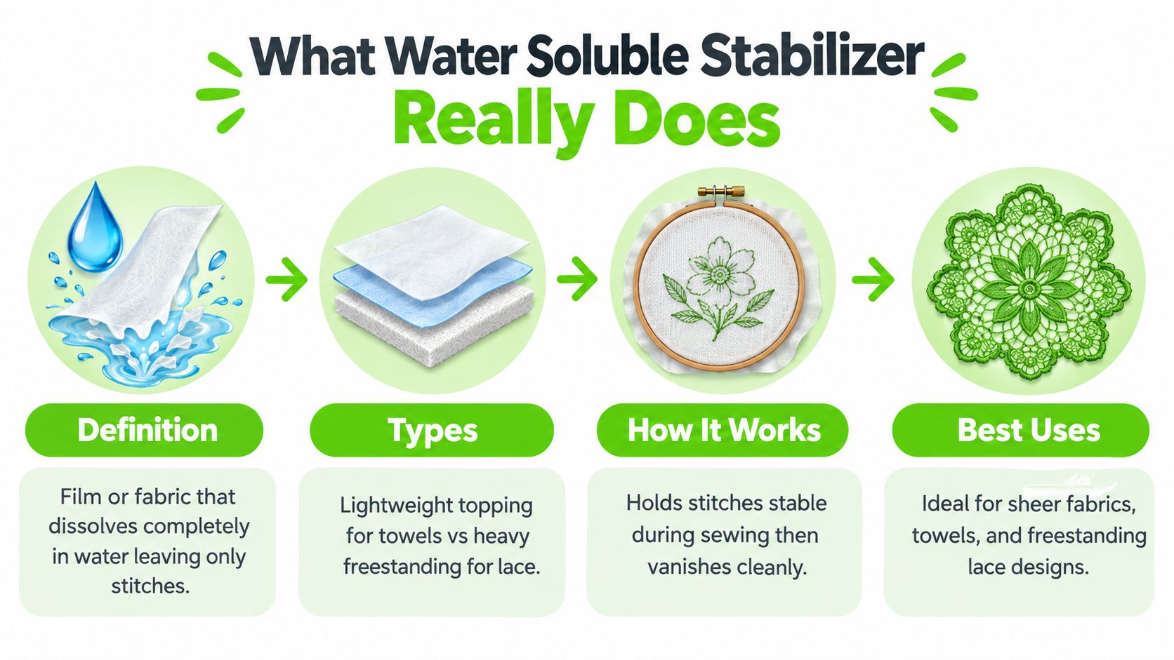 An infographic explaining water soluble stabilizer for embroidery, detailing its definition, types, how it works, and best uses.