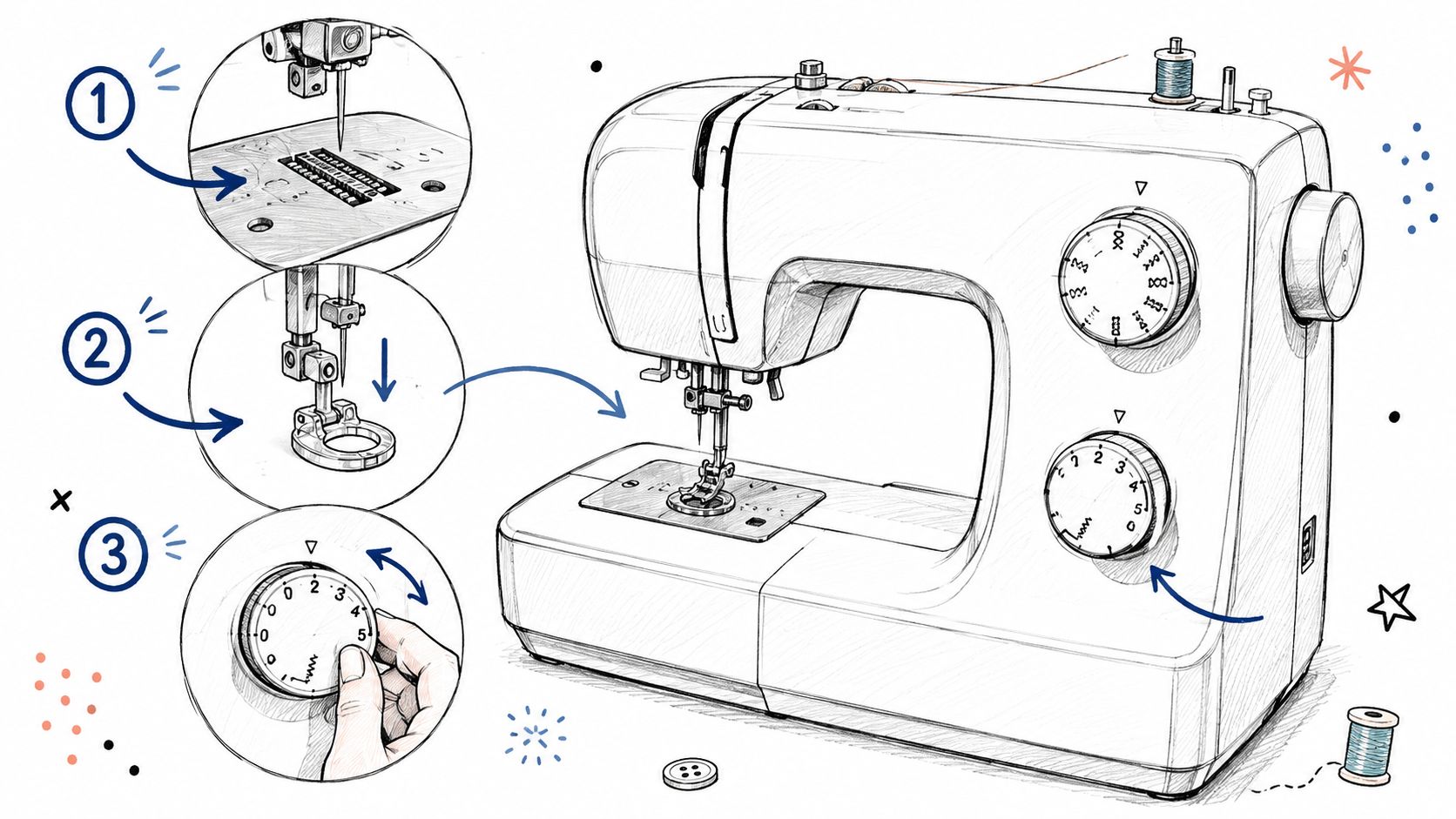 A line-drawing illustration demonstrating the three-step process of installing a free-motion quilting foot on a sewing machine.
