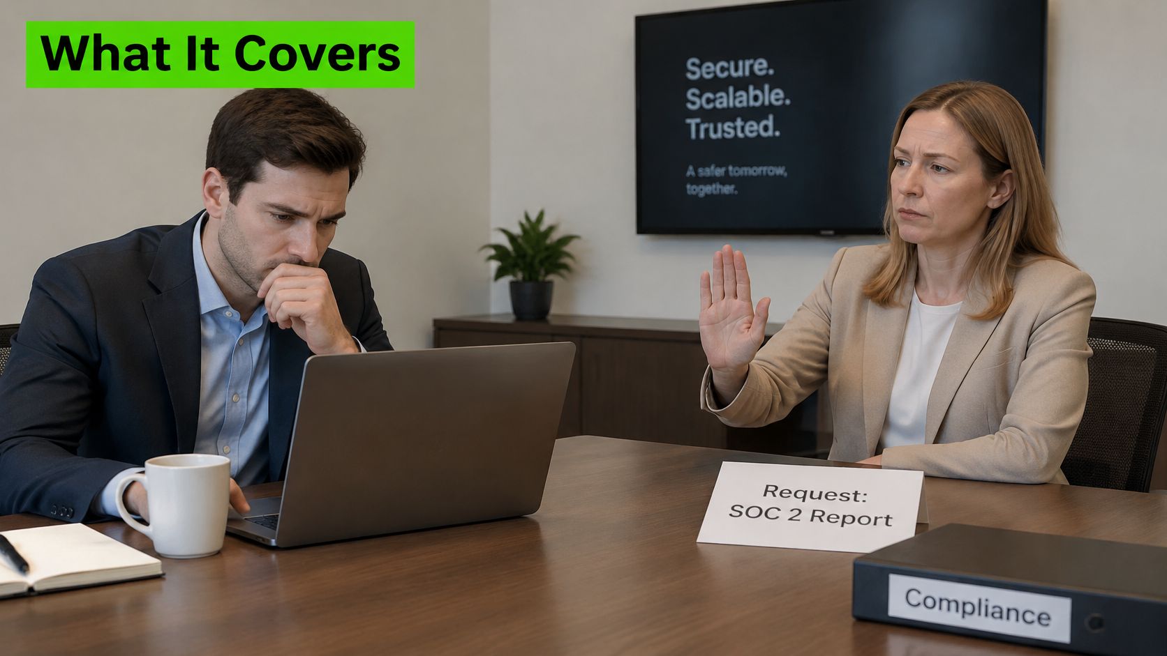 A professional woman in a meeting gestures to stop as a man works on a laptop.