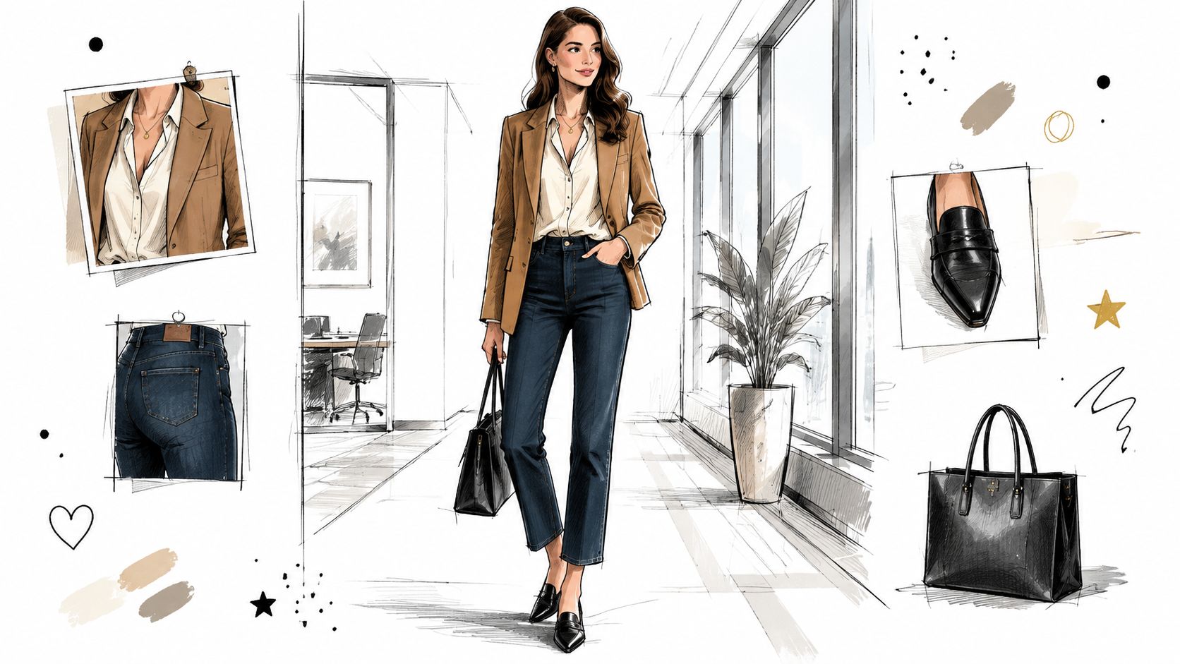 A professional woman wearing straight leg jeans, a blazer, and loafers in a modern office setting.