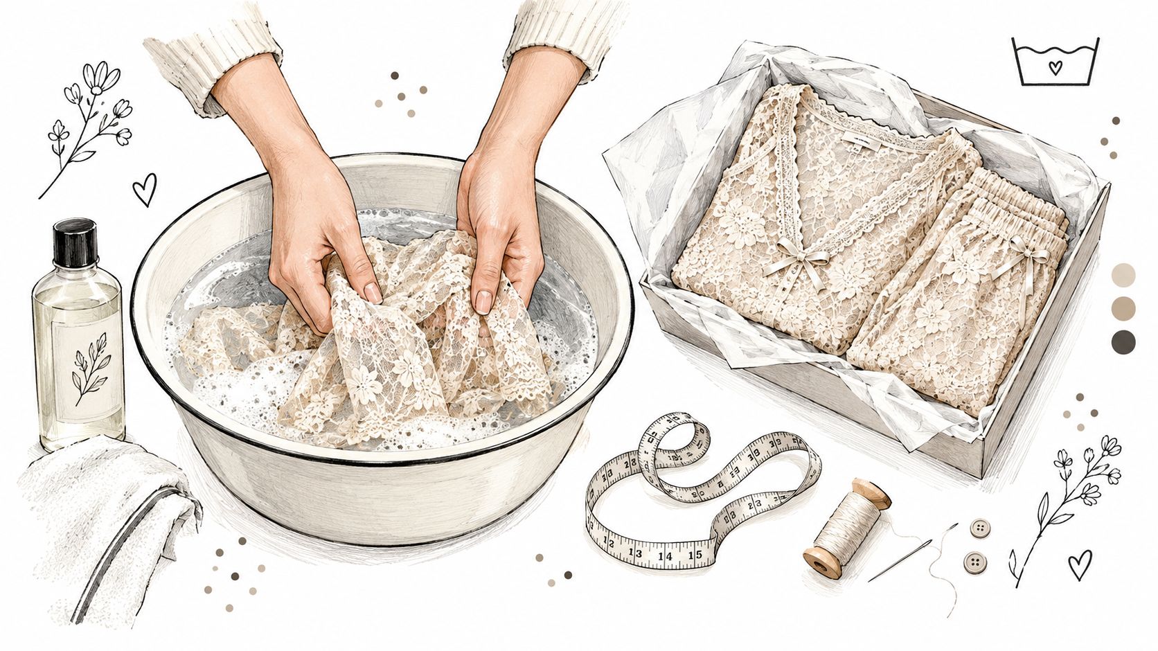 A hand-drawn illustration showing delicate lace clothing being hand-washed in a basin with sewing tools nearby.