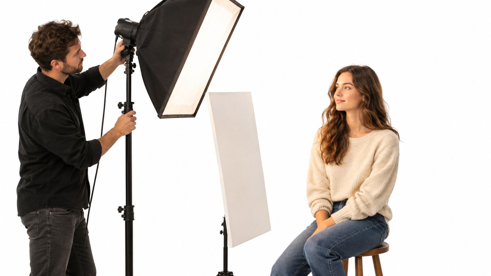 A professional photographer adjusts a large studio softbox lighting setup for a female model sitting nearby.