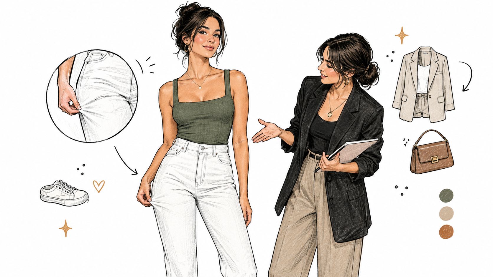 A fashion illustration of two women styling white denim jeans with casual and professional outfits.