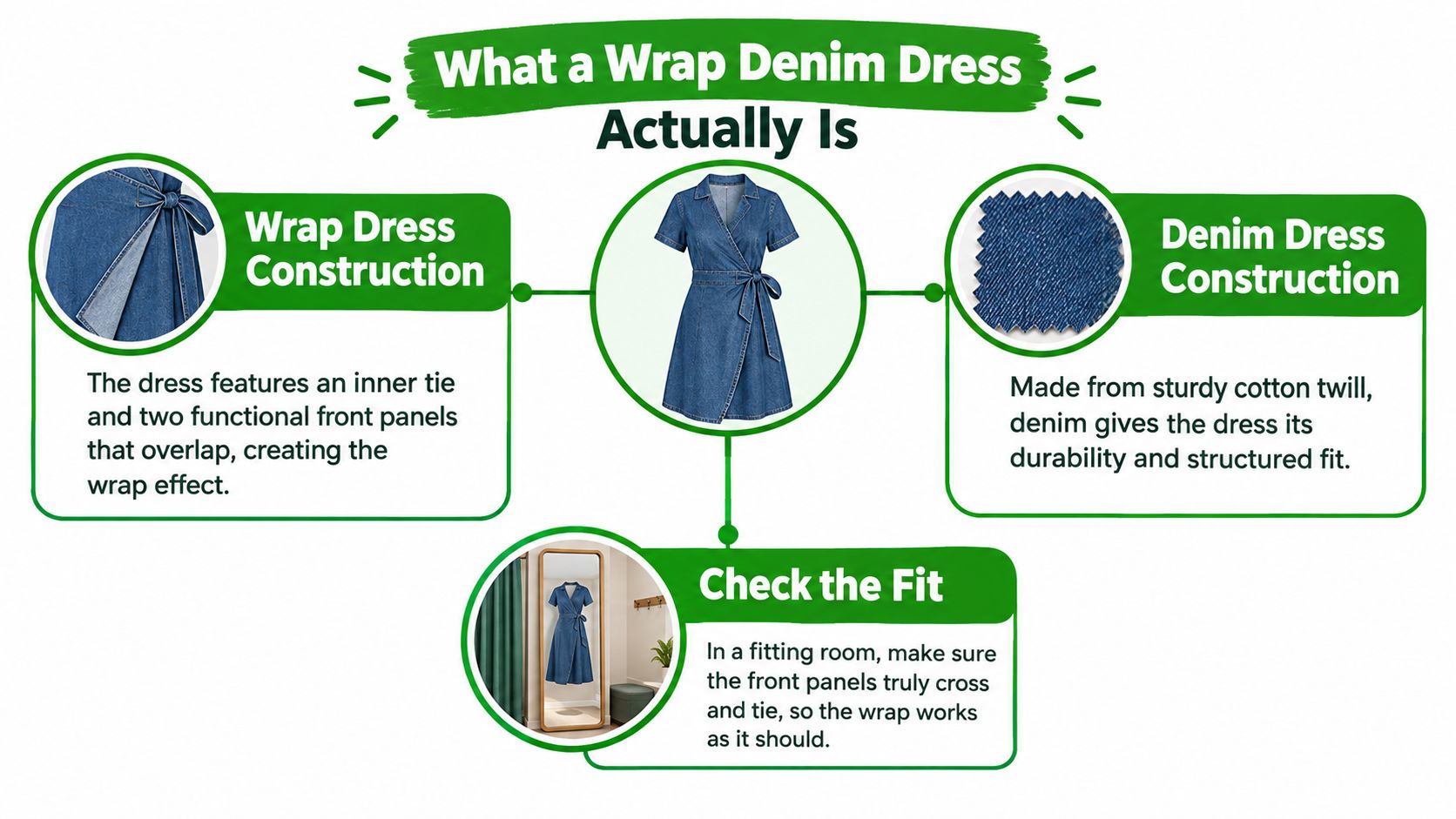 An infographic explaining the construction and fit of a wrap denim dress with labels and visuals.
