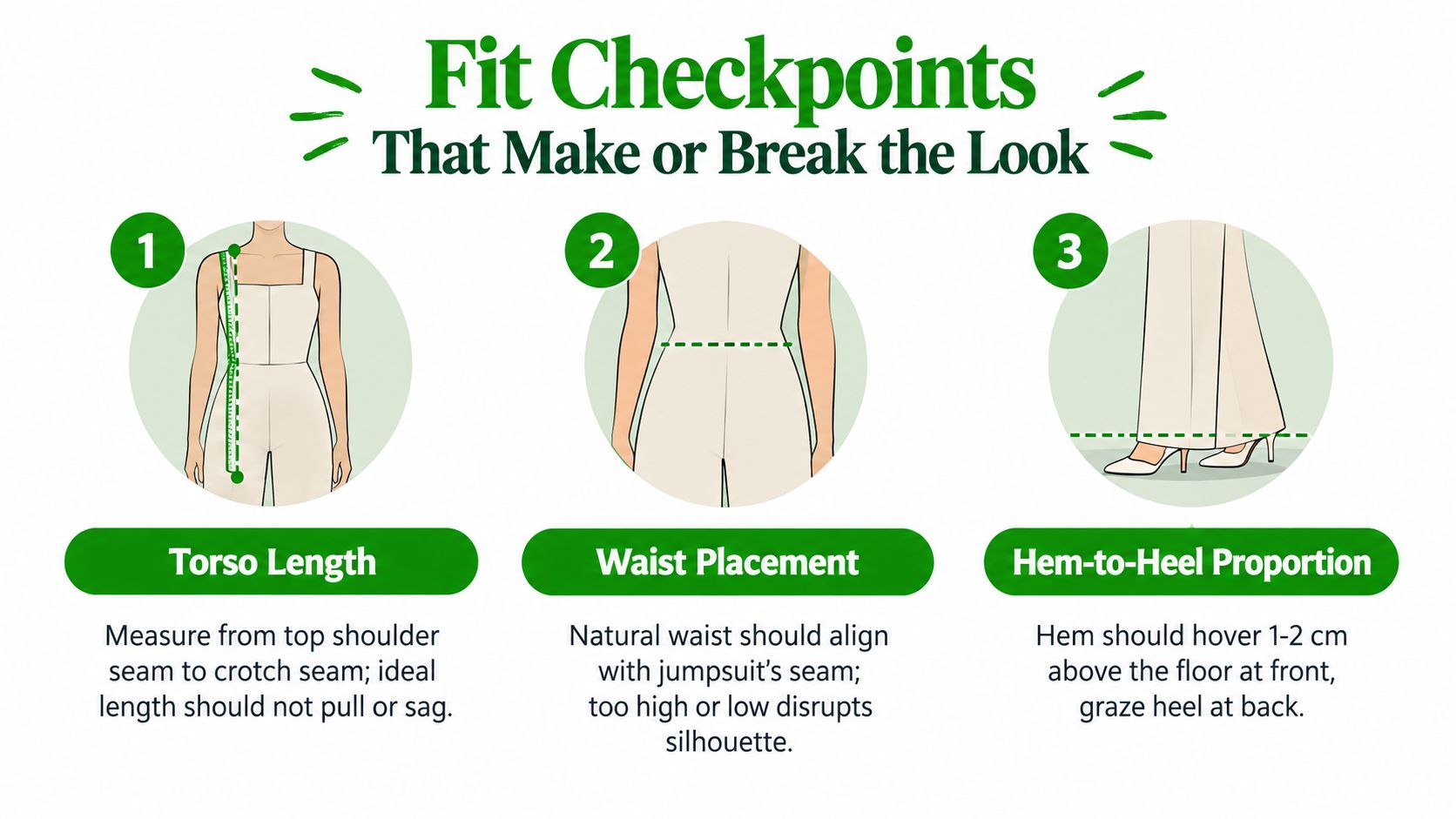 An infographic showing three essential fit checkpoints for women's jumpsuits: torso length, waist placement, and hem-to-heel proportion.