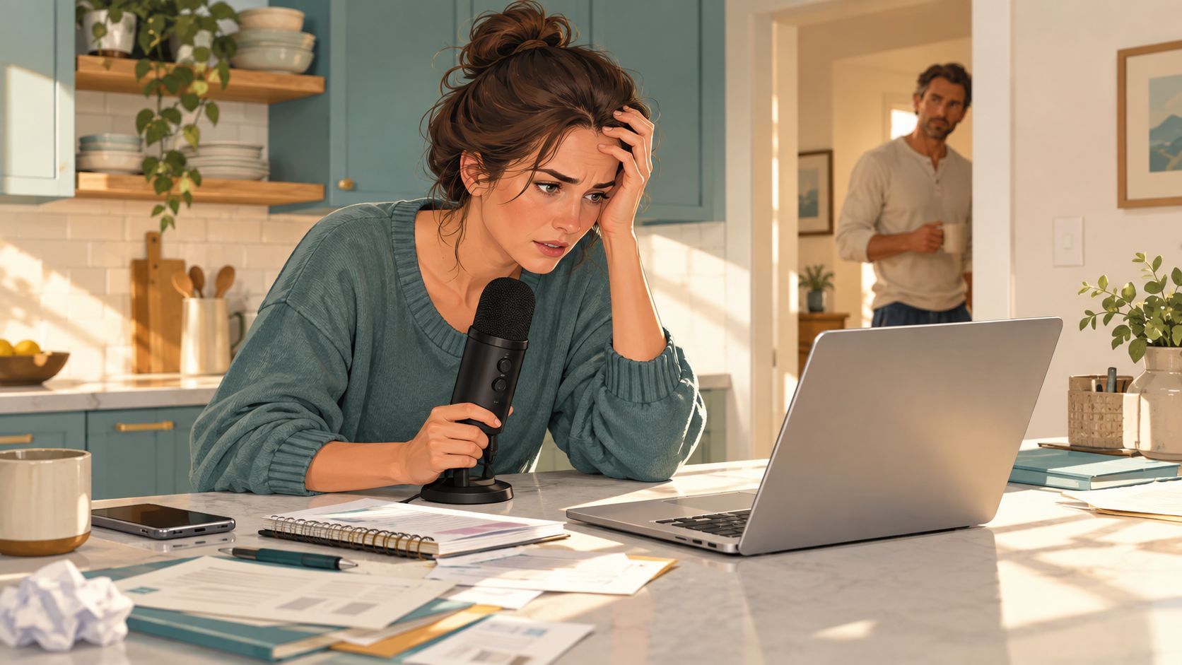 A stressed woman sitting at a kitchen counter speaking into a microphone while looking at a laptop.