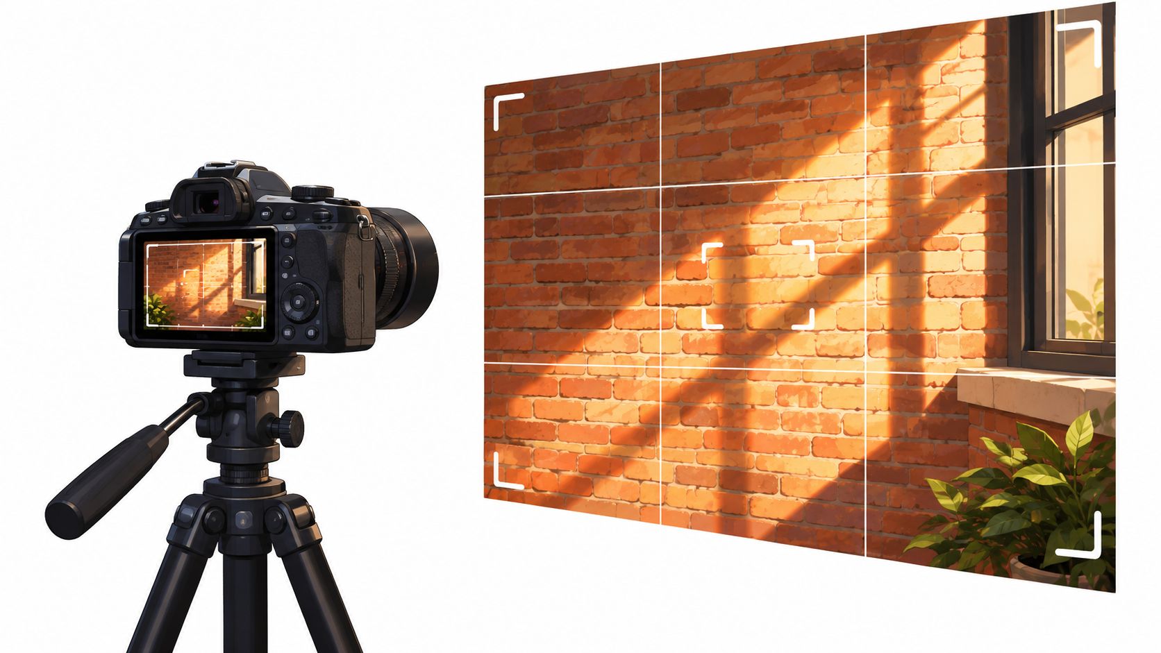 A professional digital camera mounted on a tripod capturing a sunlit brick wall with framing guides.