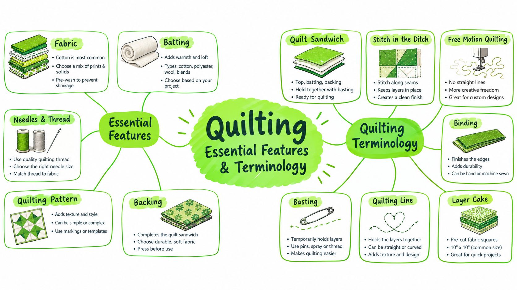 A mind map illustrating essential quilting features and terminology with icons for fabric, batting, needles, and stitching.