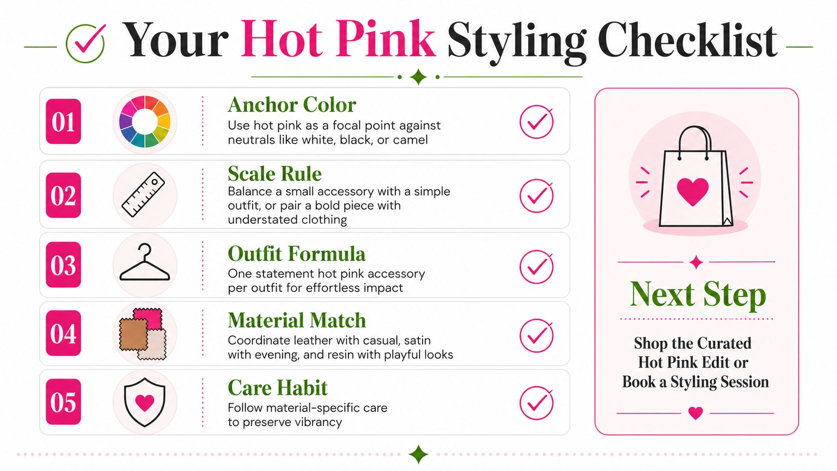 An infographic titled Your Hot Pink Styling Checklist featuring five style tips for wearing pink accessories.