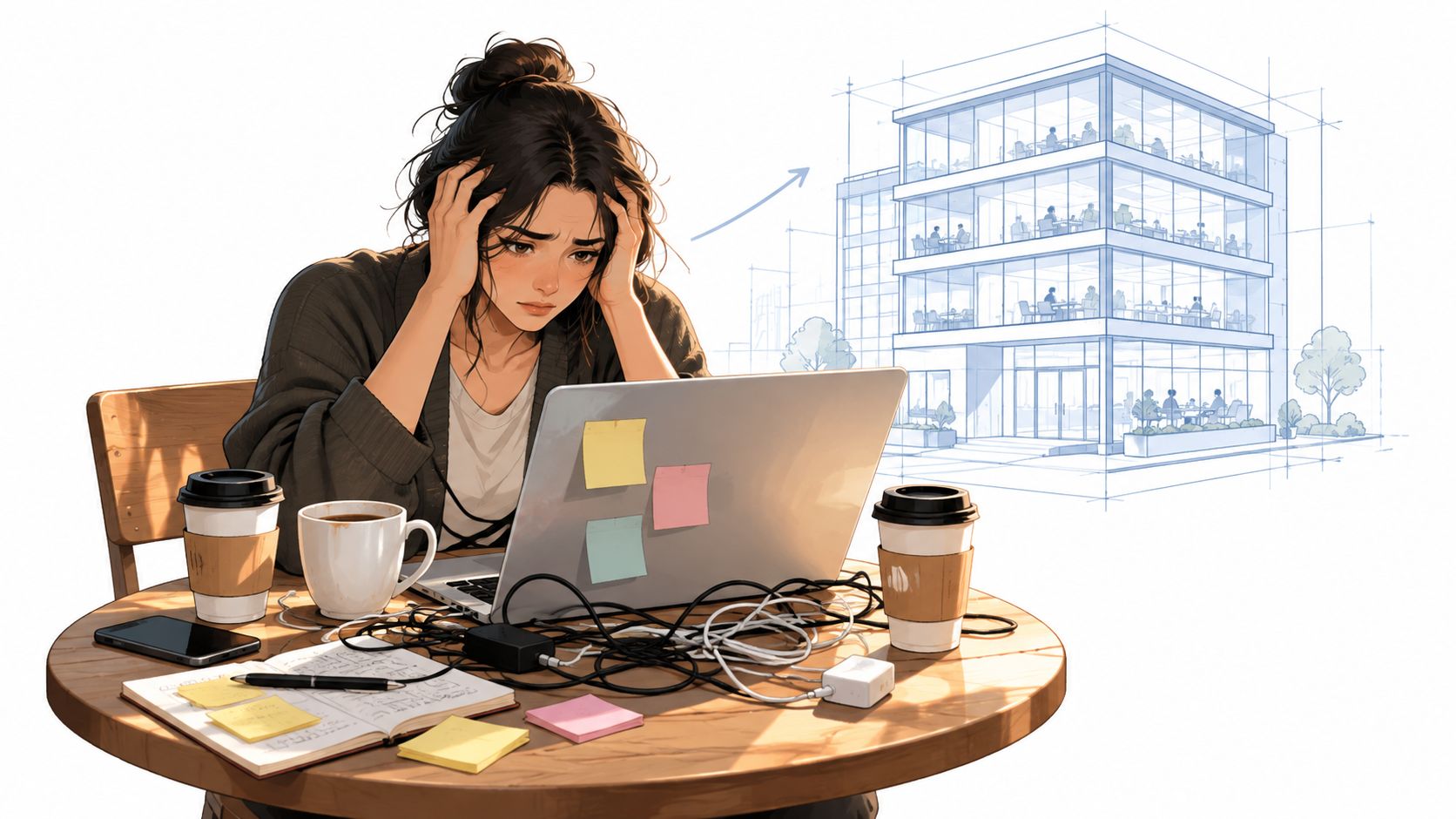 Stressed entrepreneur working on a laptop at a table with coffee and blueprints of a building project.
