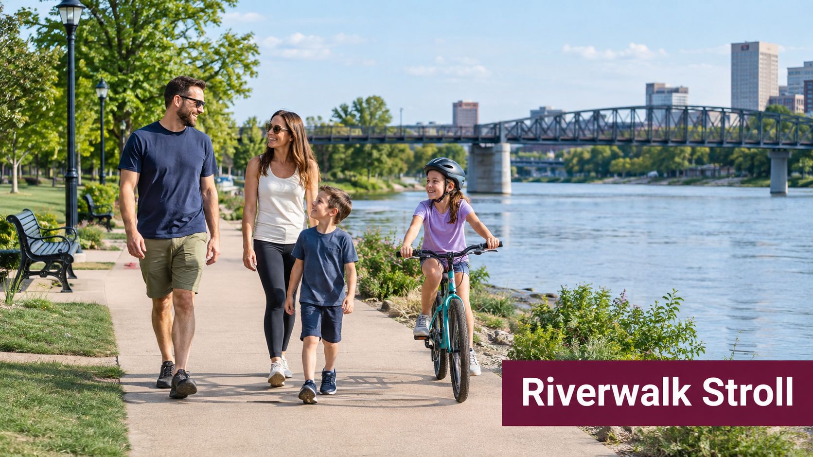 A happy family walking and cycling along a scenic riverwalk path during a sunny day.