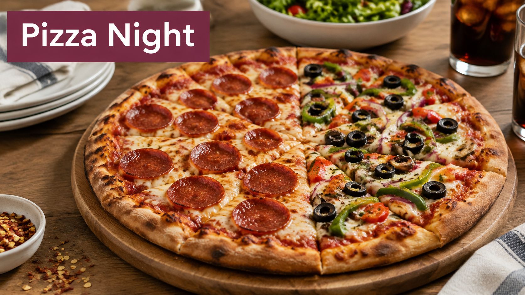 A delicious pizza divided into pepperoni and veggie halves served on a rustic wooden board.