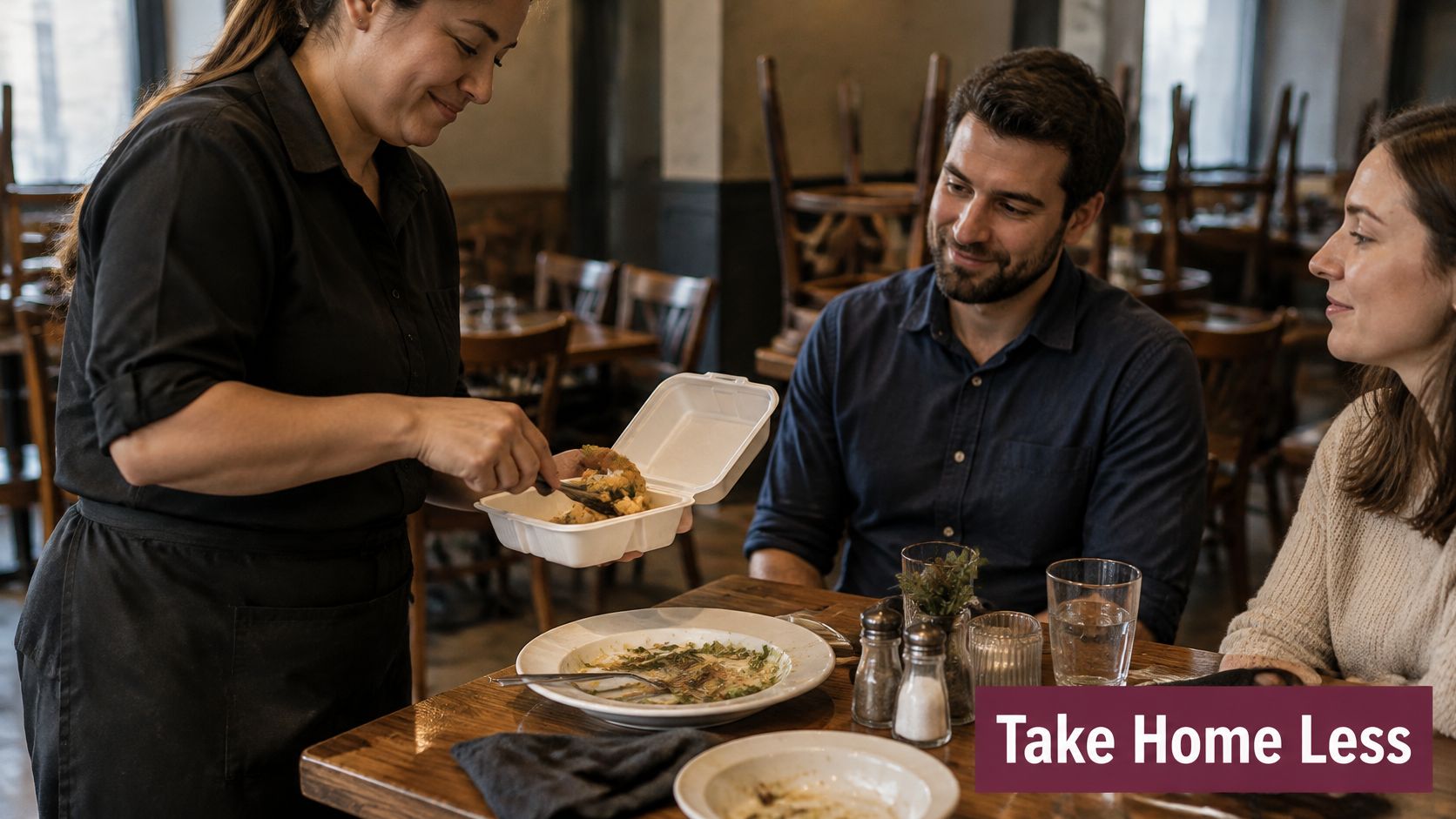 A server packing restaurant leftovers into a takeout container for customers at a dining table.