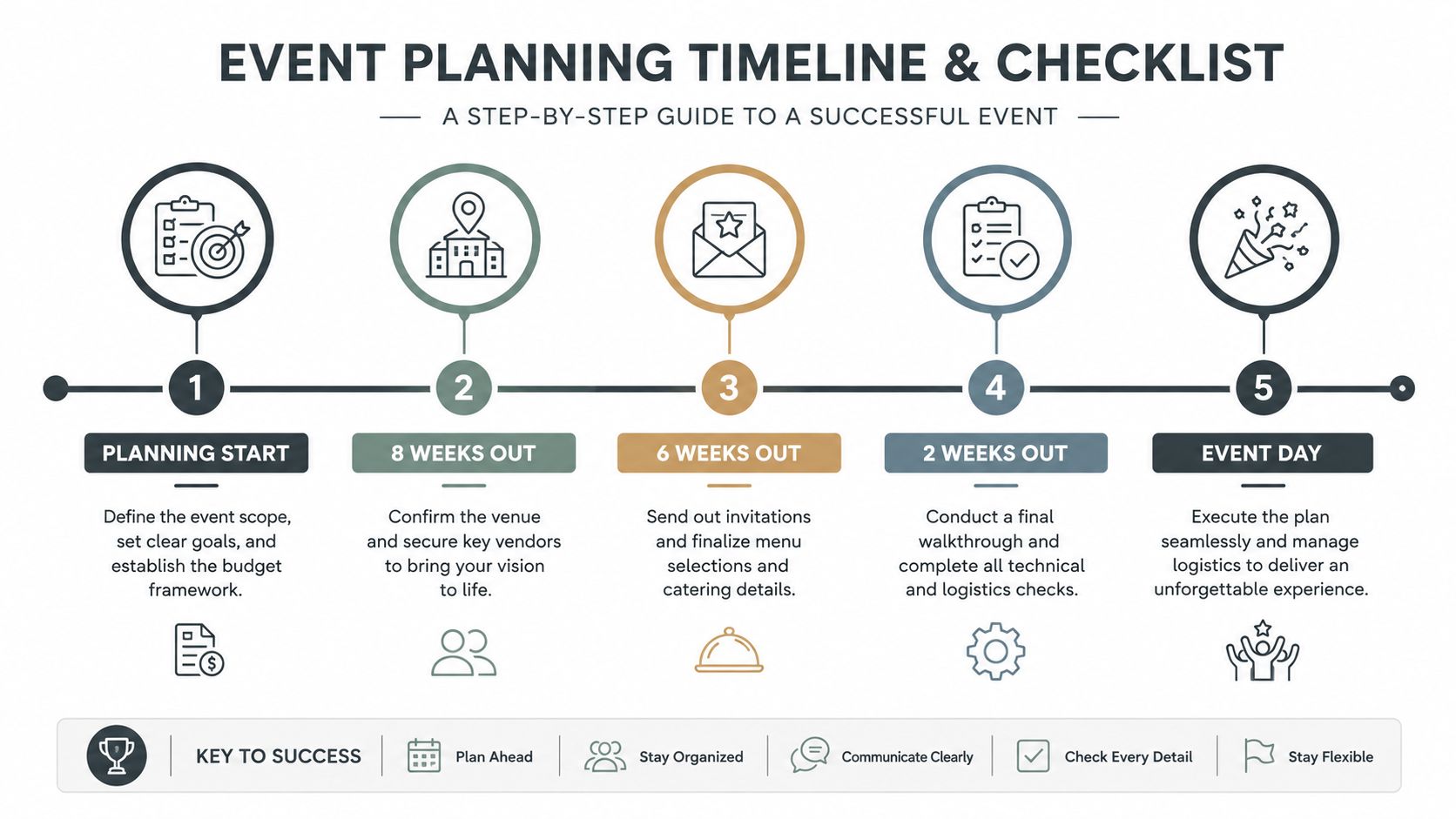 An event planning timeline infographic showing five steps from initial planning to event day execution.